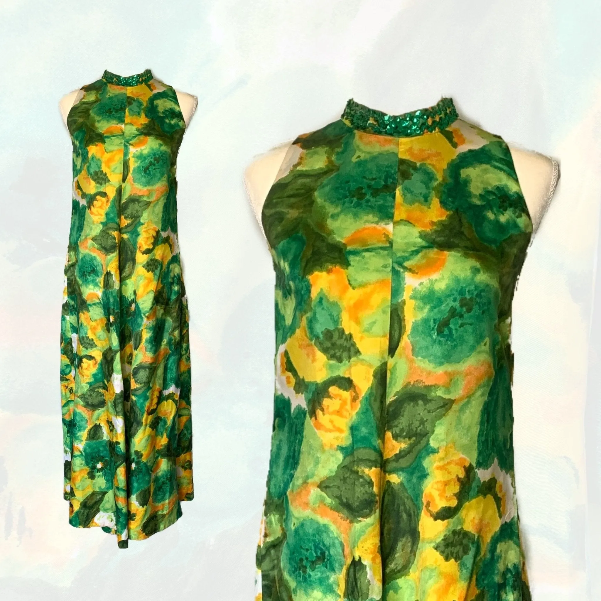 1960s Floral Maxi Dress with Green and Yellow Flowers by Reef. Perfect Tropical Summer Dress