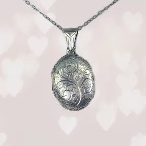 1970s Vintage Sterling Silver Photo Locket. Perfect Secret Message Brides Gift. Floral Etched Pendant.