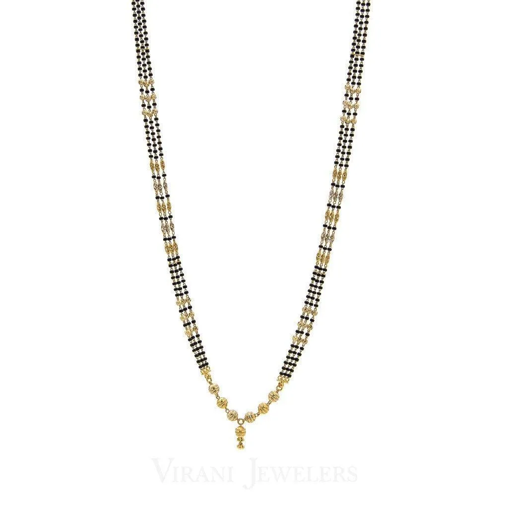 22K Yellow Gold Mangalsutra Necklace W/3 Strands of Dark & Gold Beads Accents