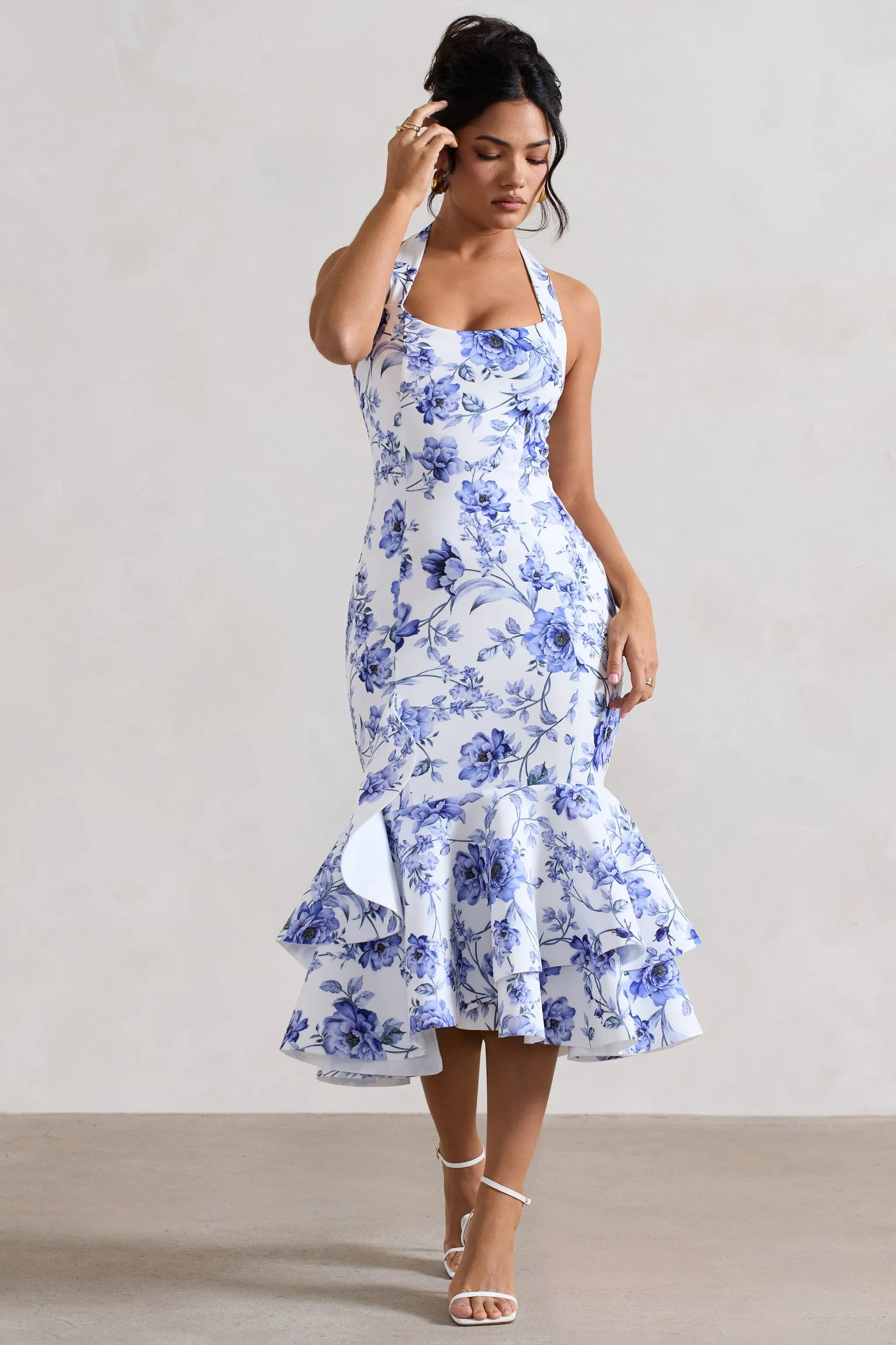 Arla | Blue Floral Halter-Neck Ruffle Trim Midi Dress