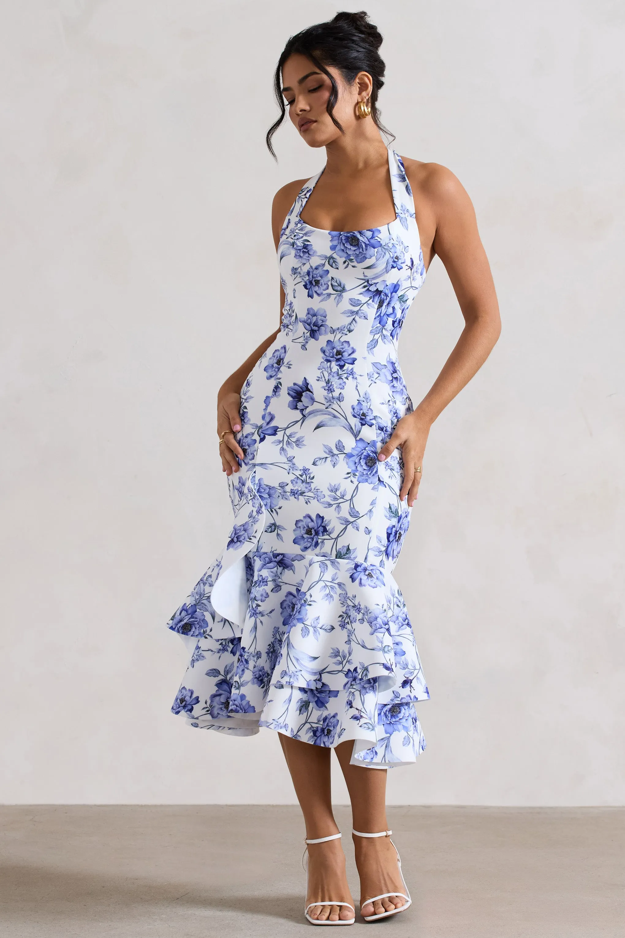 Arla | Blue Floral Halter-Neck Ruffle Trim Midi Dress