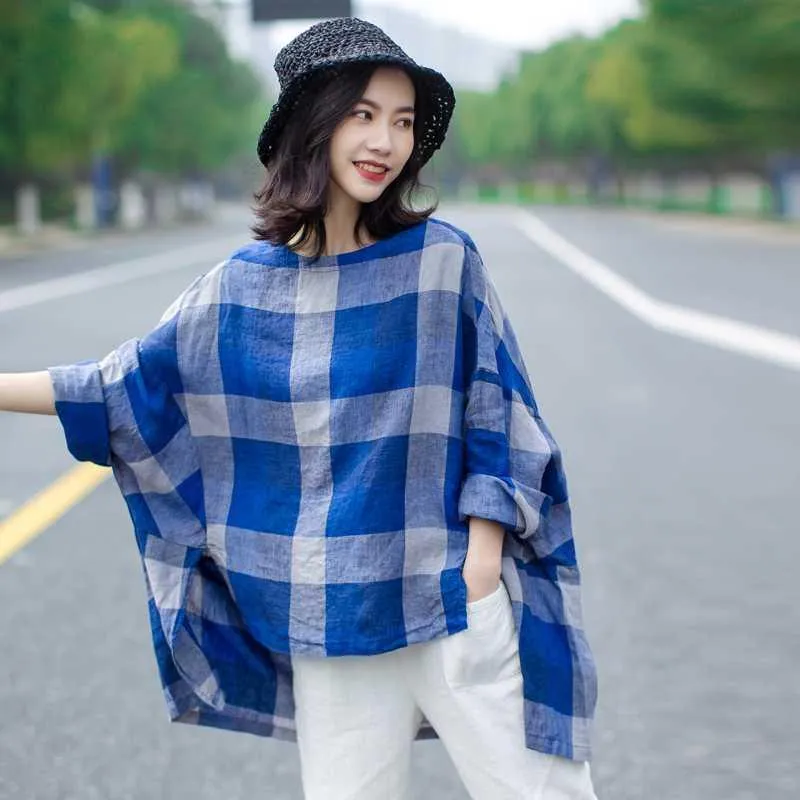 Babakud Large Size Loose Casual Cotton Linen Vintage Plaid Shirt