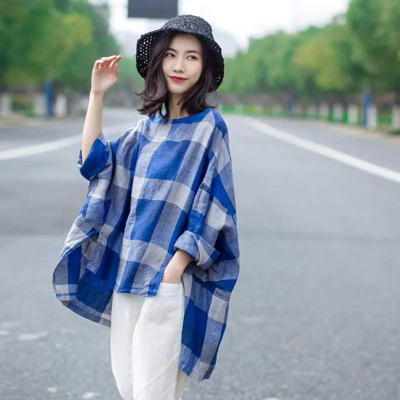 Babakud Large Size Loose Casual Cotton Linen Vintage Plaid Shirt