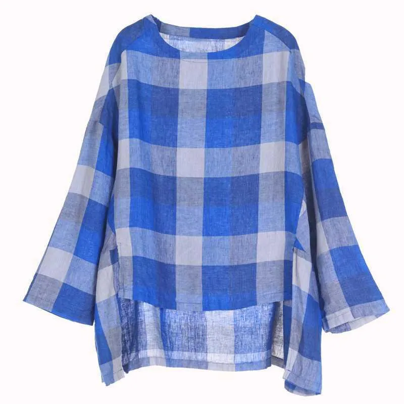 Babakud Large Size Loose Casual Cotton Linen Vintage Plaid Shirt