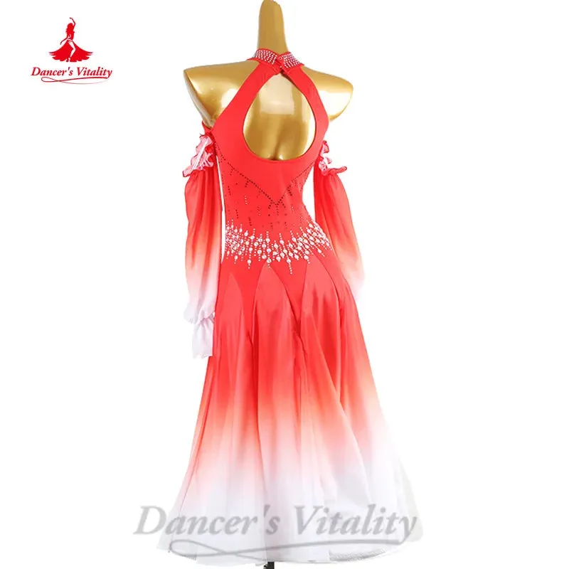 Ballroom Dance Competition Dresses Customized Elegant Long Sleeved Gradient Dress Waltz Modern Dancing Performance Clothing