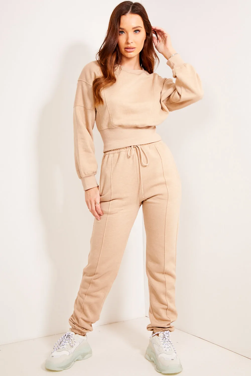 Beige Cropped Jumper and Joggers Tracksuit Set