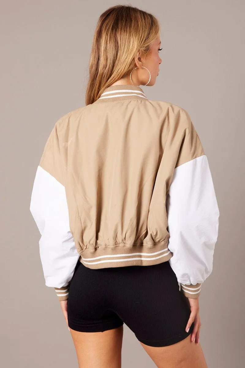 Beige Cropped Varsity Bomber Jacket