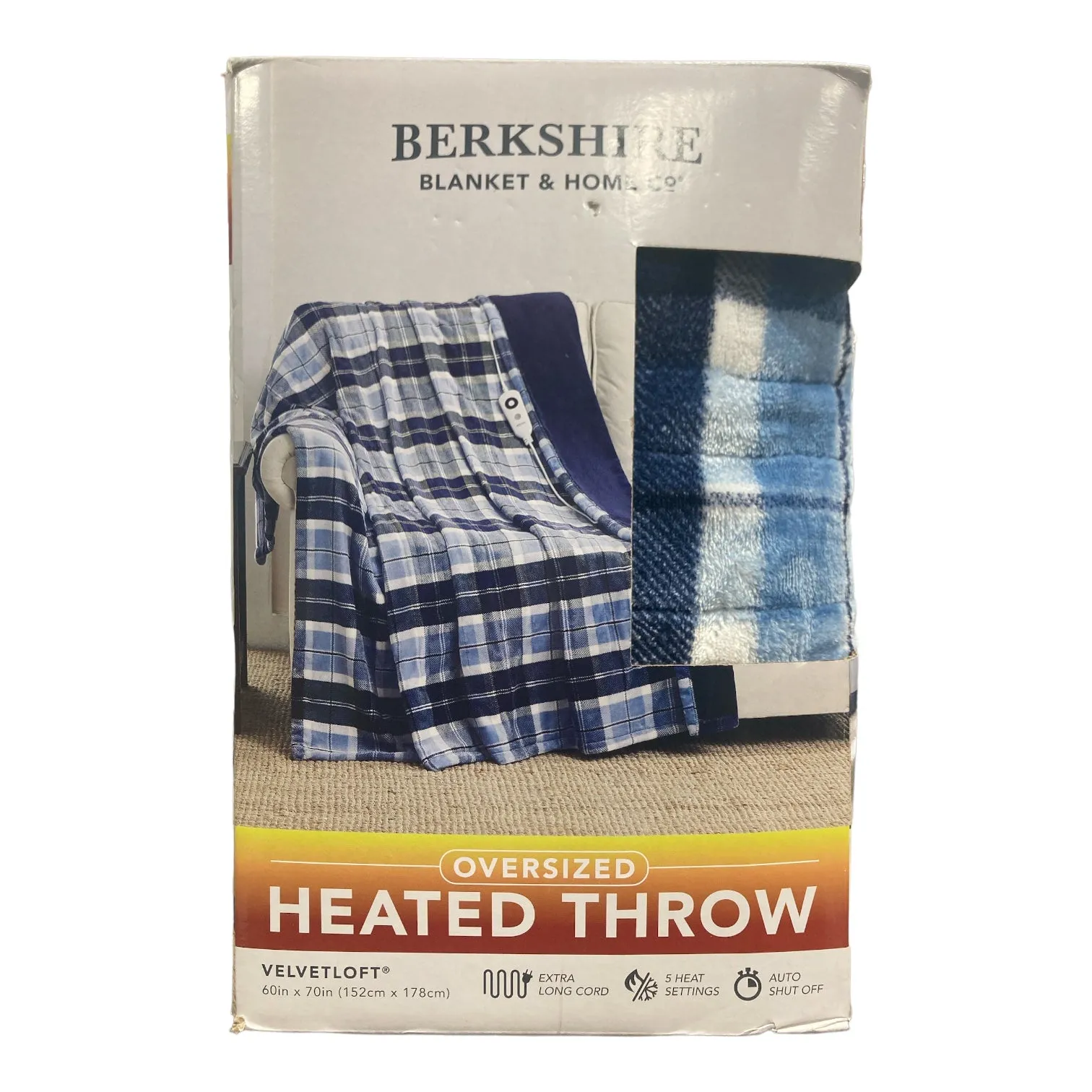 Berkshire Oversized 5 Setting Heated Throw with Auto Shut Off, 60"x70", Navy Plaid