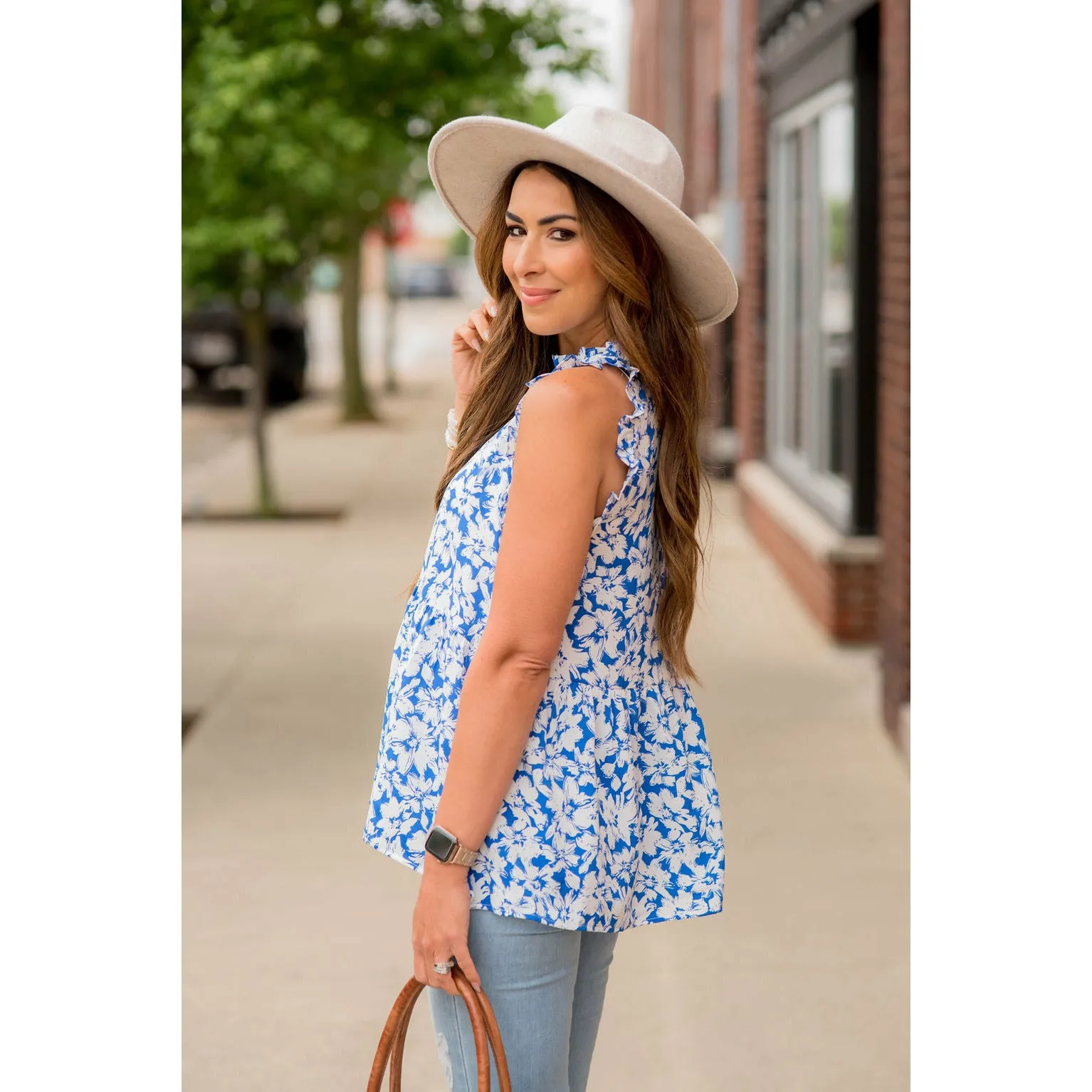 Bold Floral Ruffle Trim Peplum Tank