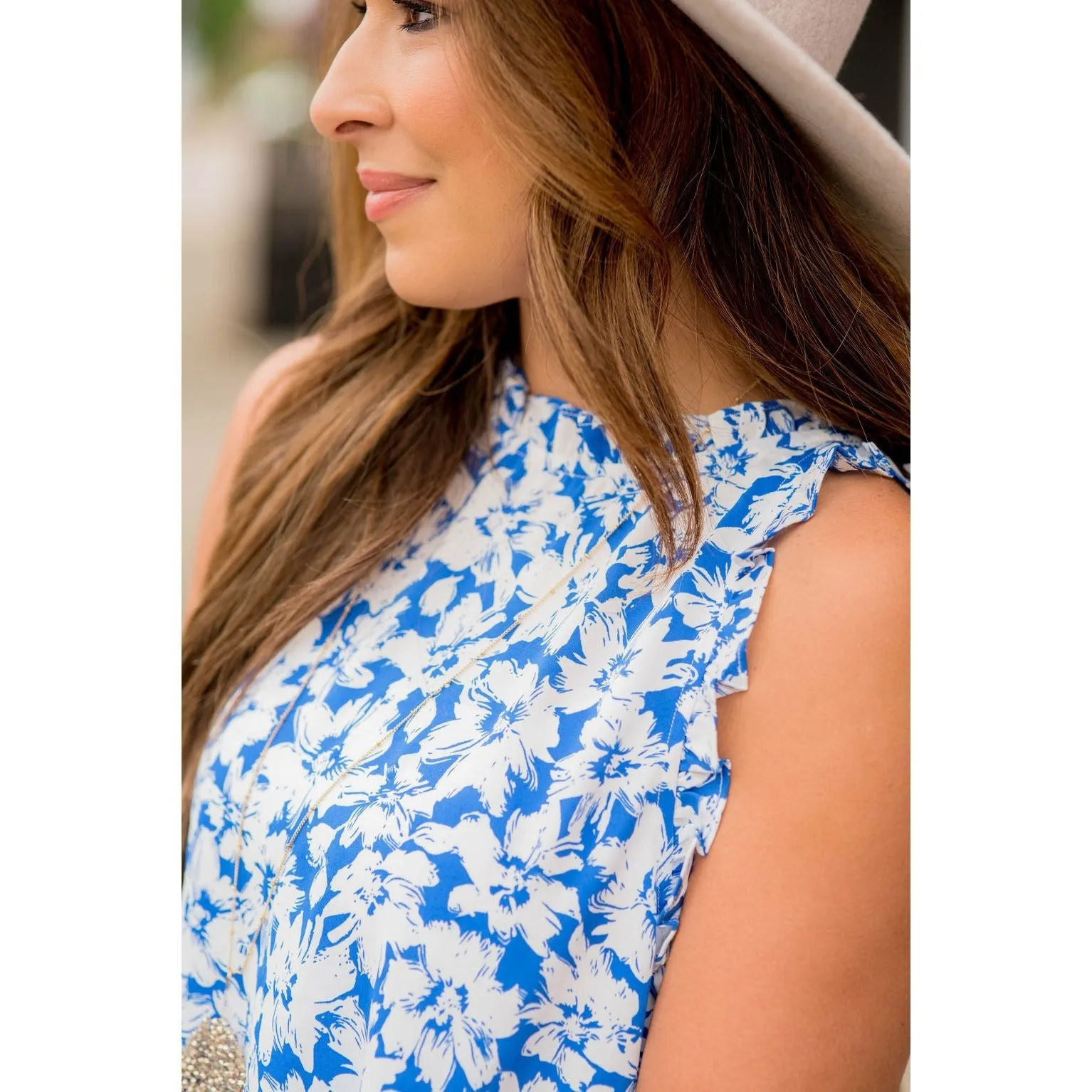 Bold Floral Ruffle Trim Peplum Tank