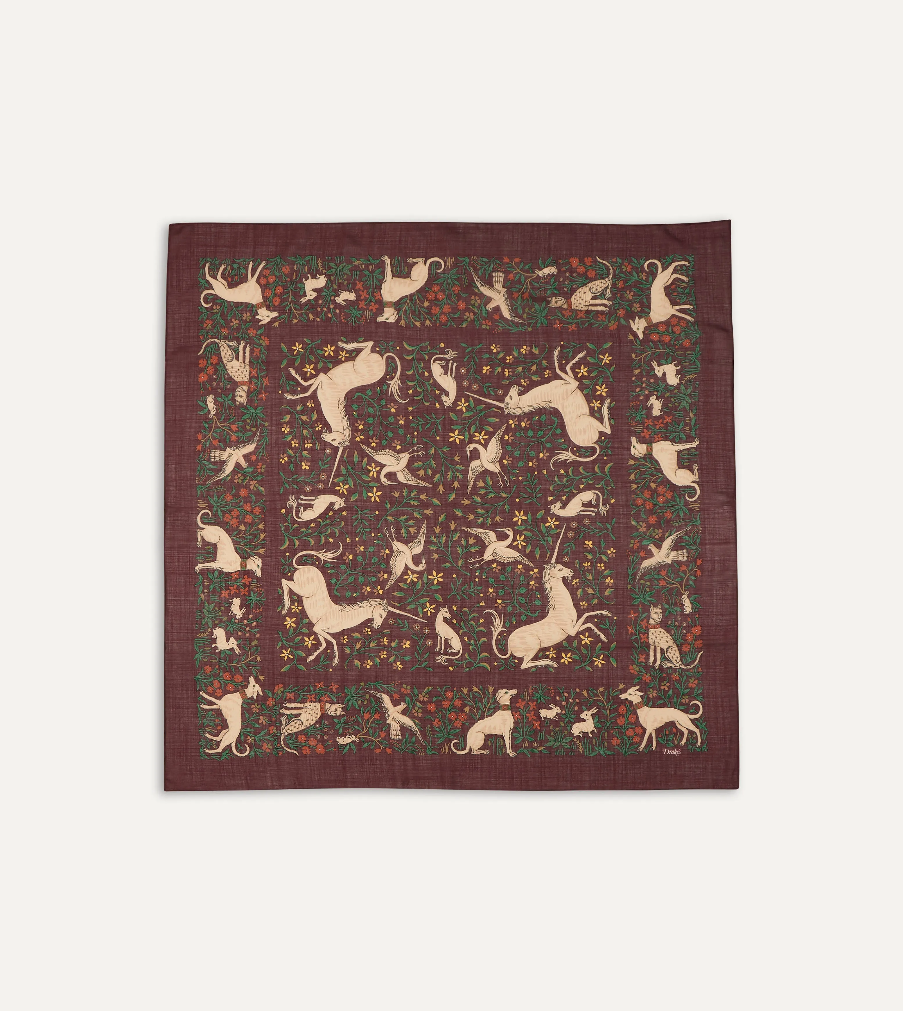 Burgundy Unicorn Print Wool-Silk Square Scarf