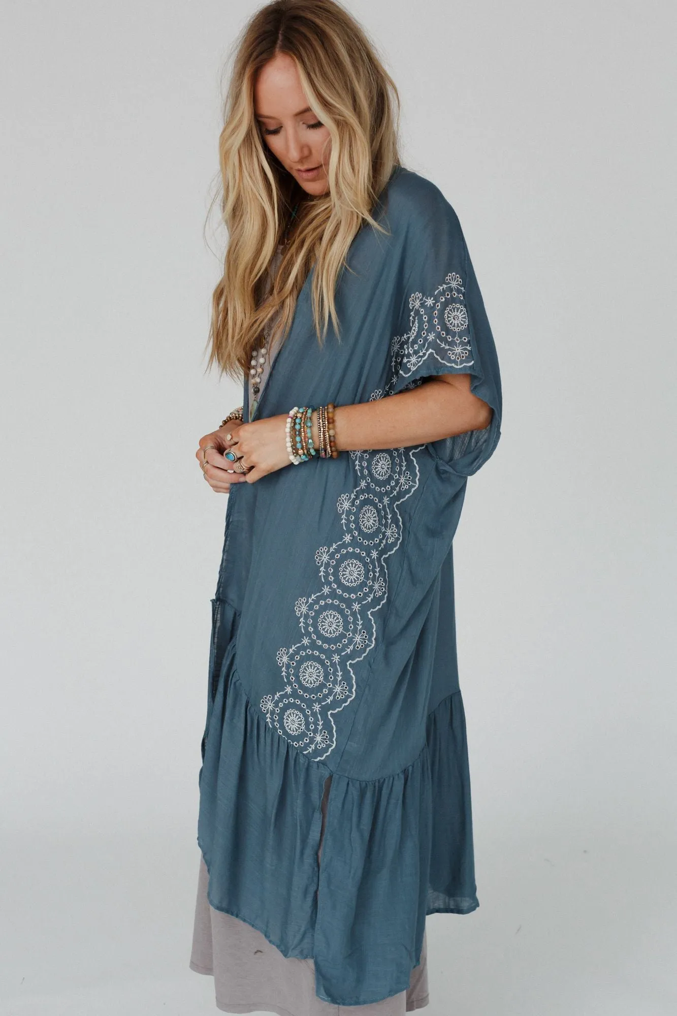 Coronado Embroidered Longline Kimono - Blue Gray