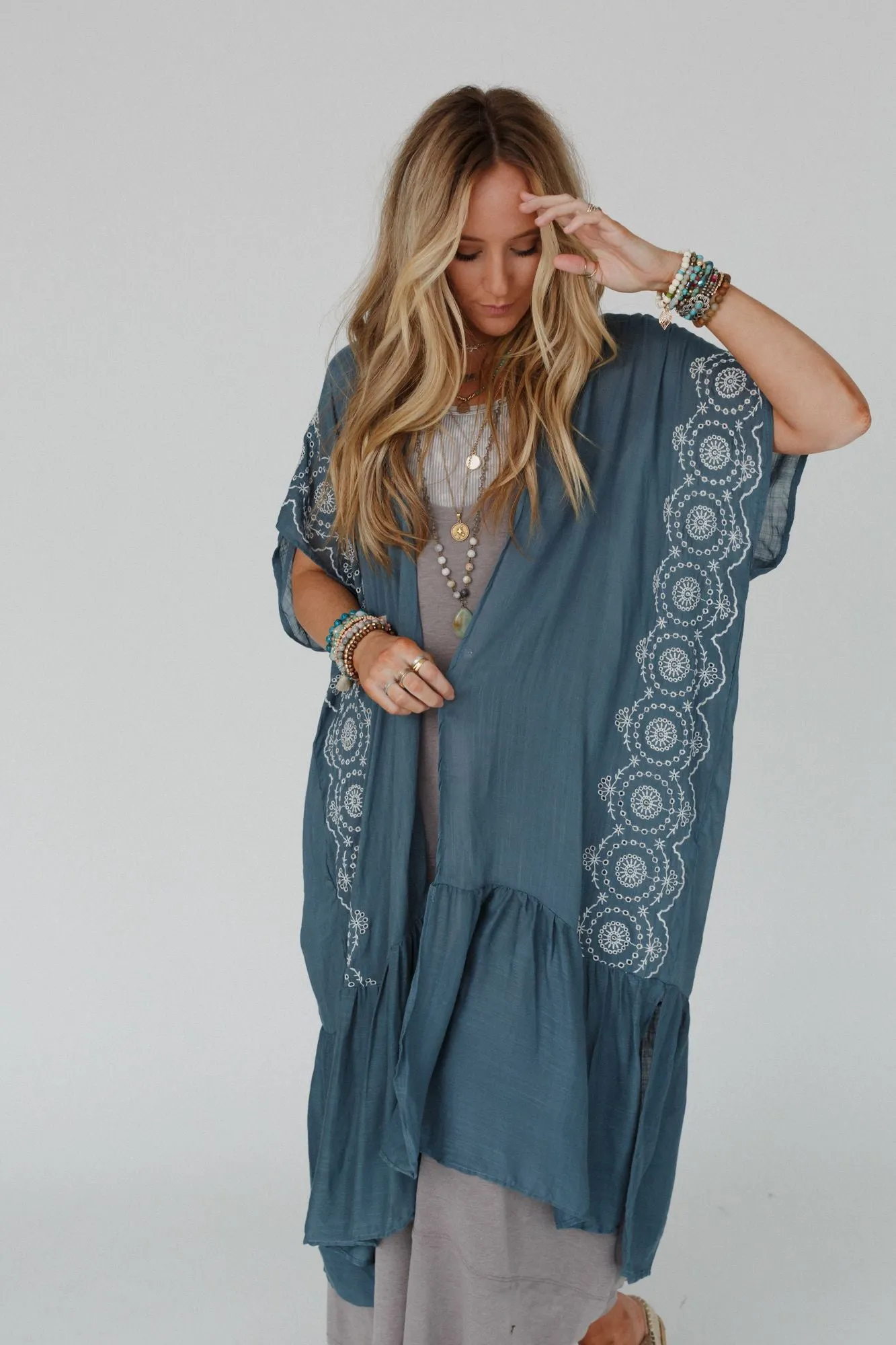 Coronado Embroidered Longline Kimono - Blue Gray