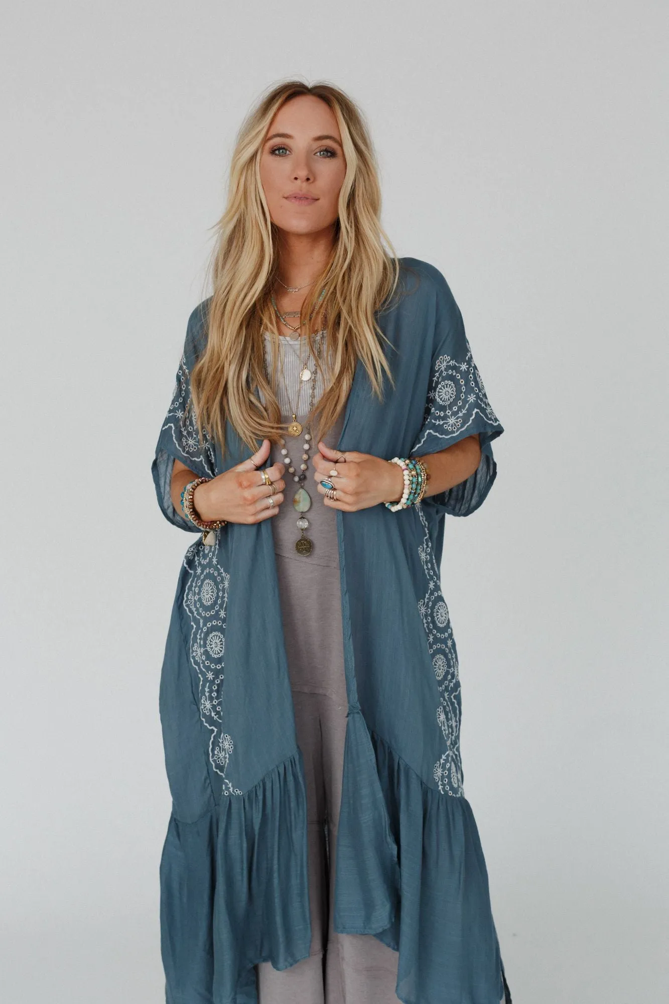 Coronado Embroidered Longline Kimono - Blue Gray