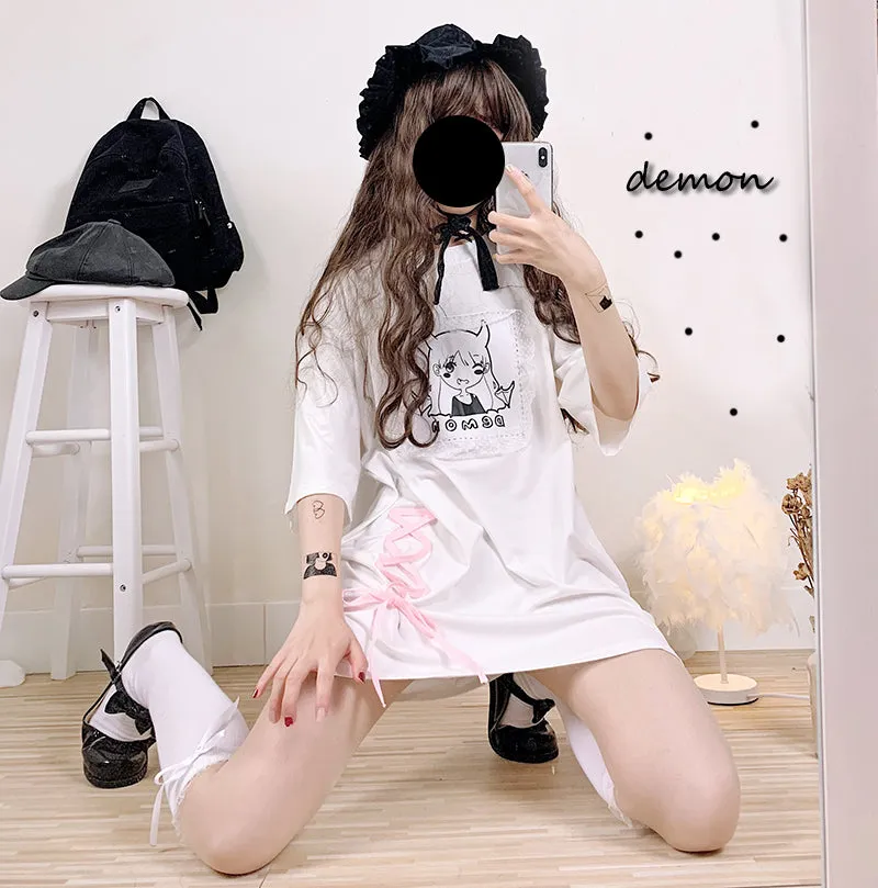 CUTE DEMON GIRL LACE LOOSE MEDIUM-LENGTH T-SHIRT BY22339