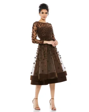 Embellished Illusion High Neck Long Sleeve Fit & Flare Dress