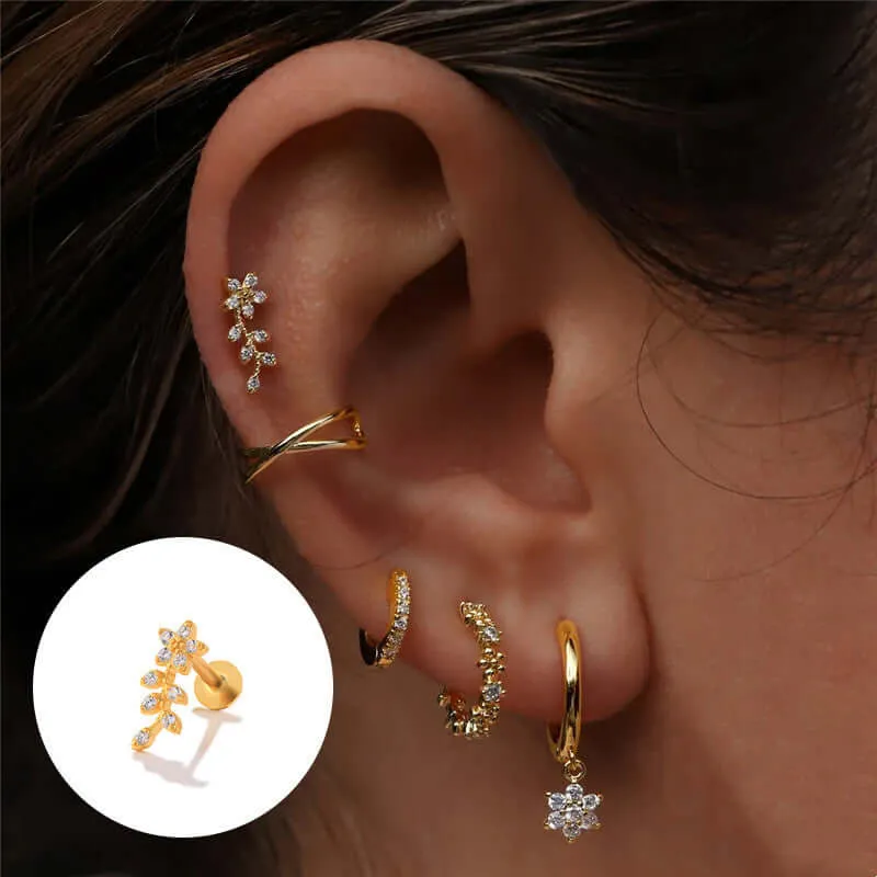 Floral and CZ Diamond Flat Back Cartilage Stud Earrings