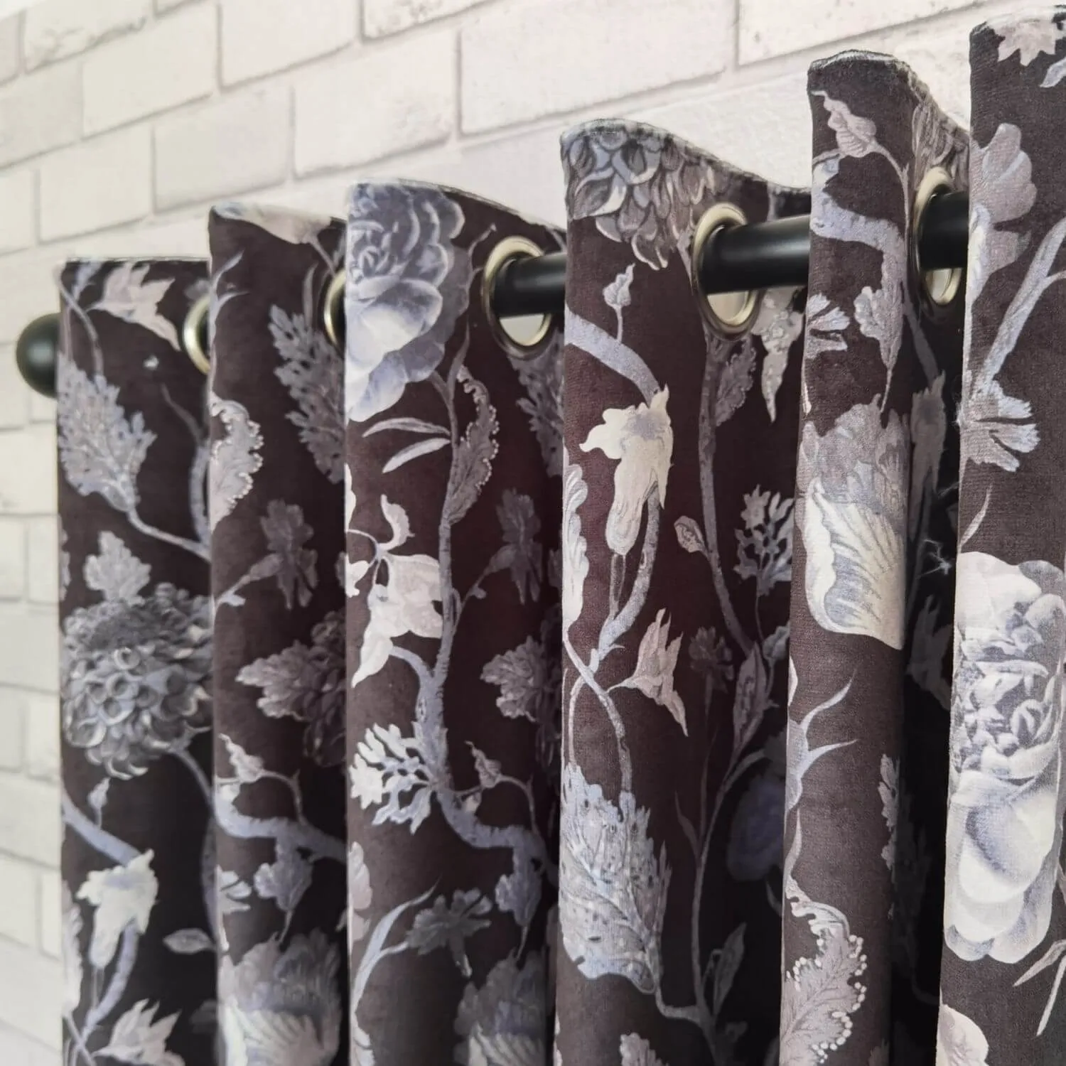 Floral Velvet Curtains 90" x 90" - Black