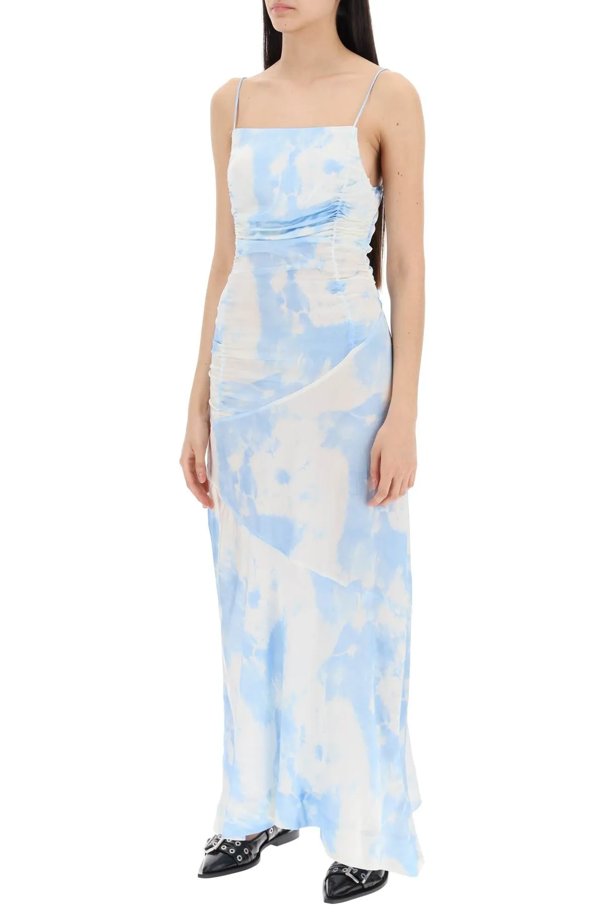 GANNI maxi printed tie-dye satin dress with r