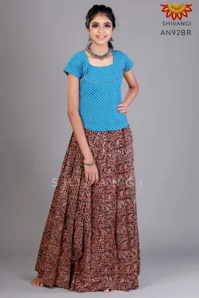 Girls Brown Kalamkari floral Cotton Pavadai Set