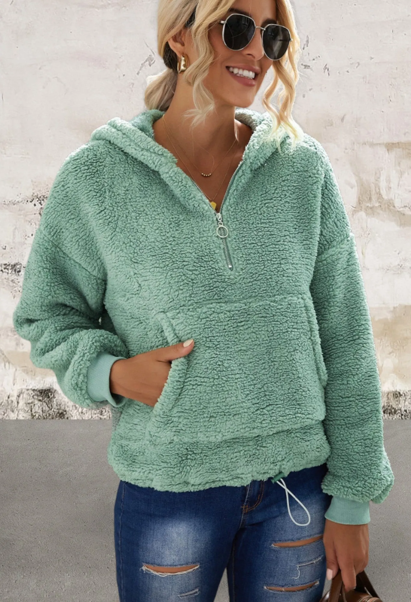 Green Long Sleeve Sherpa Hoodie with Kangaroo Pockets