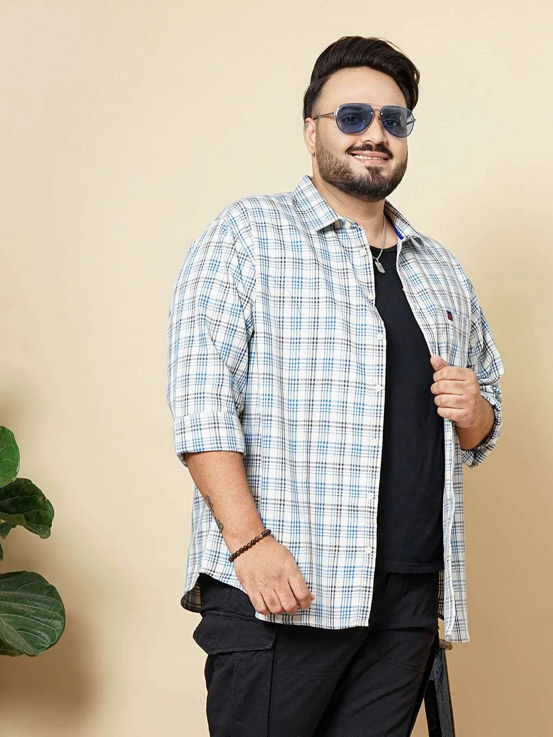 Hardsoda Men Blue Plus Size Checked Casual Shirt