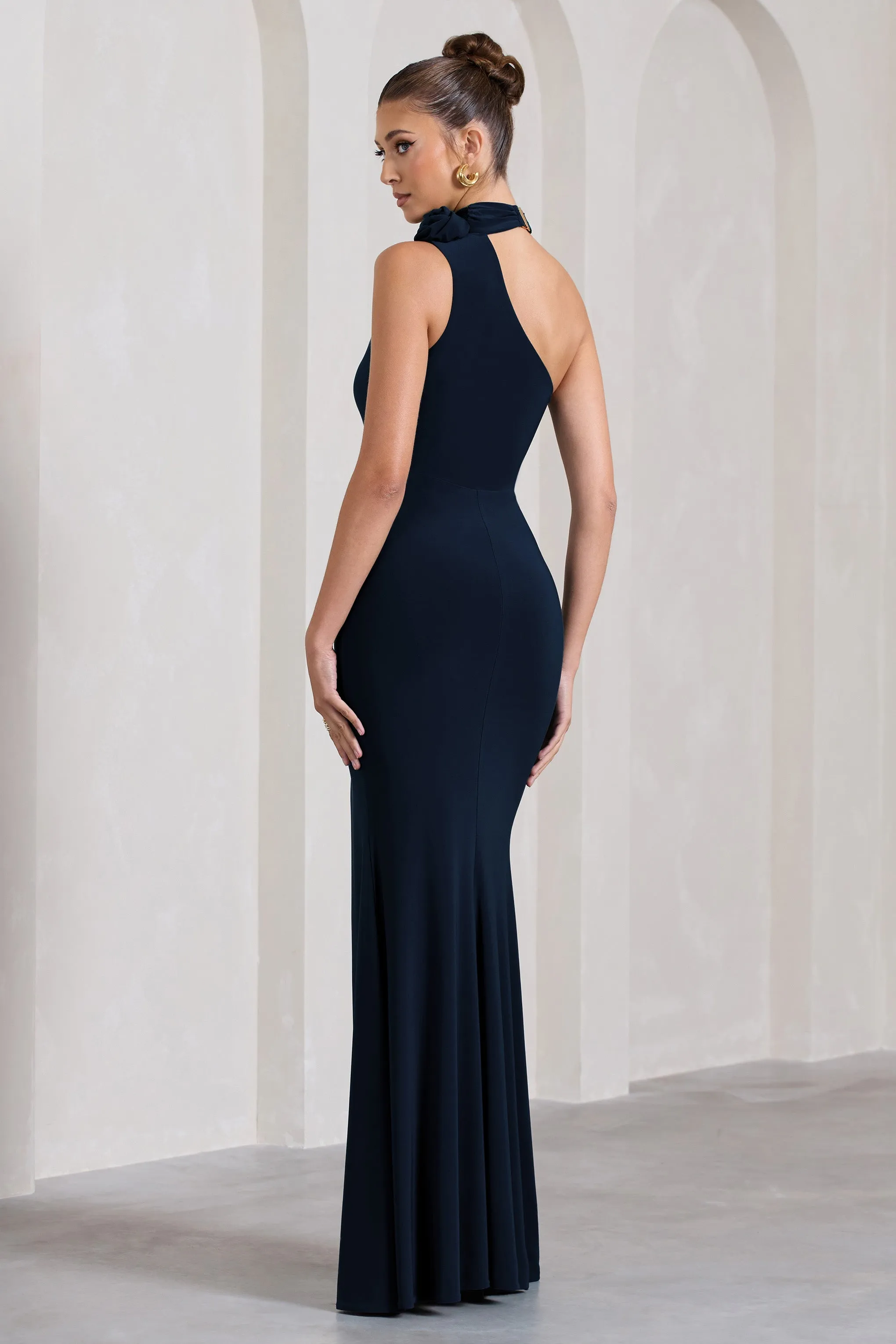 In Suspense | Navy One Shoulder Halter-Neck Split Maxi Dress With Flower