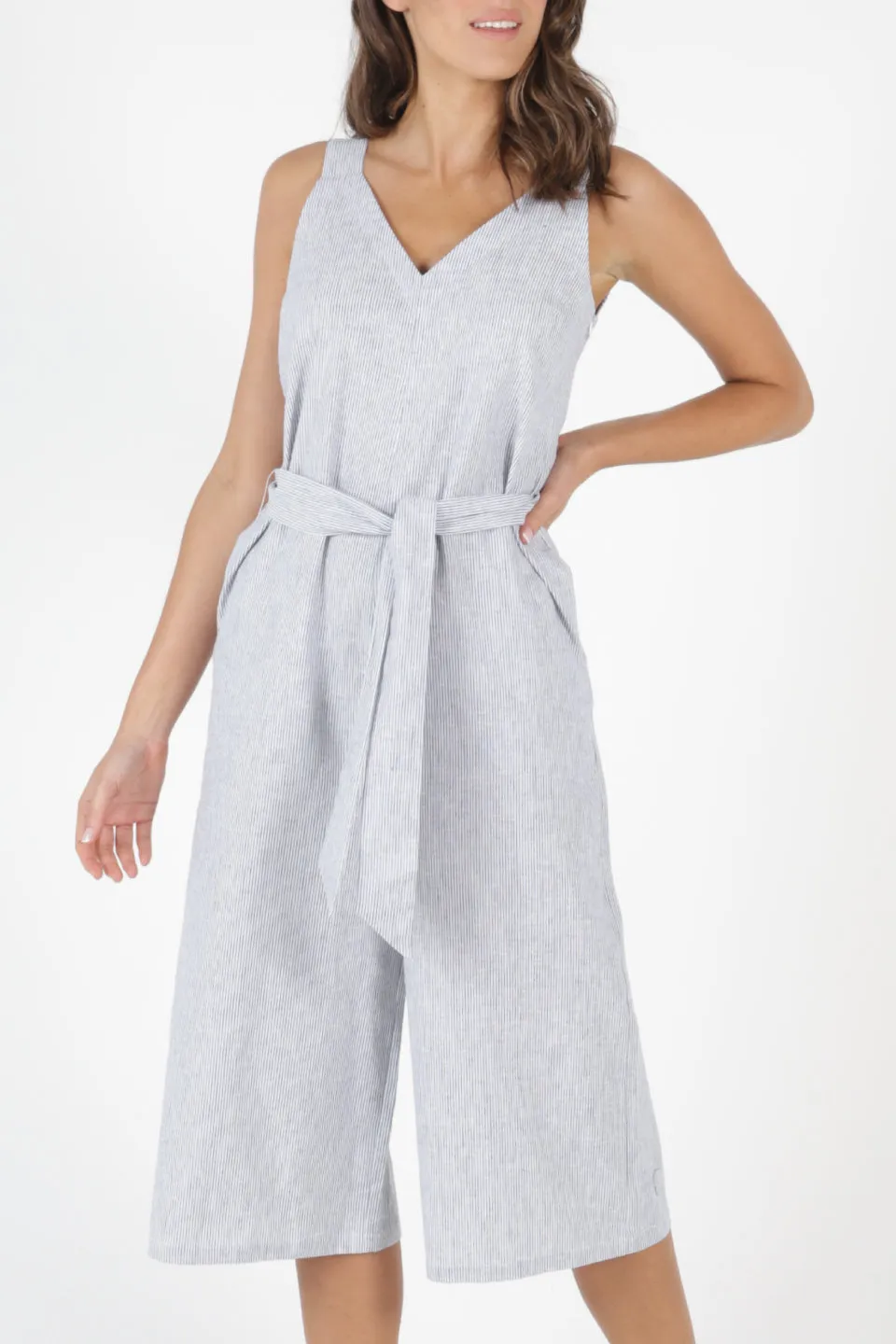 Joey Linen Blend Light Grey Pinstripe Strappy Jumpsuit