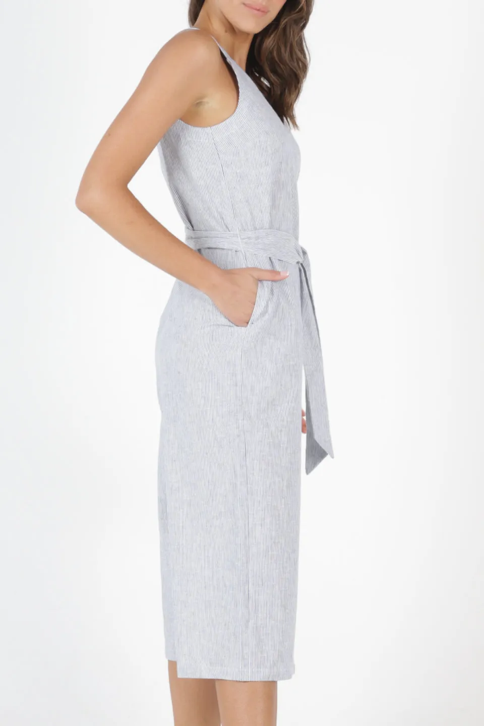 Joey Linen Blend Light Grey Pinstripe Strappy Jumpsuit