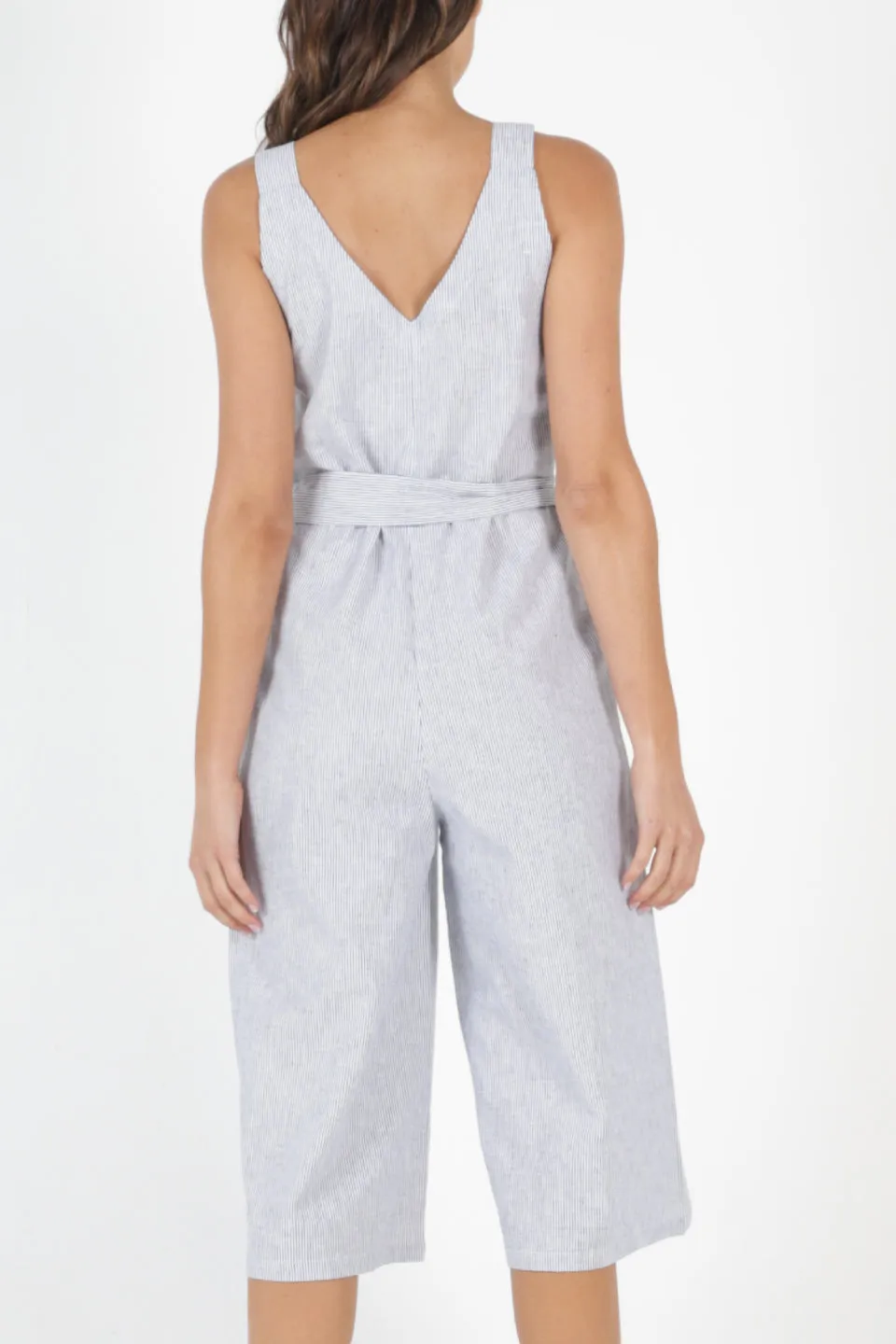 Joey Linen Blend Light Grey Pinstripe Strappy Jumpsuit