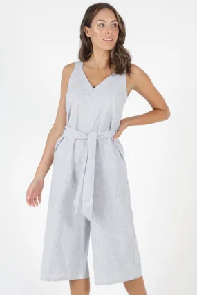 Joey Linen Blend Light Grey Pinstripe Strappy Jumpsuit