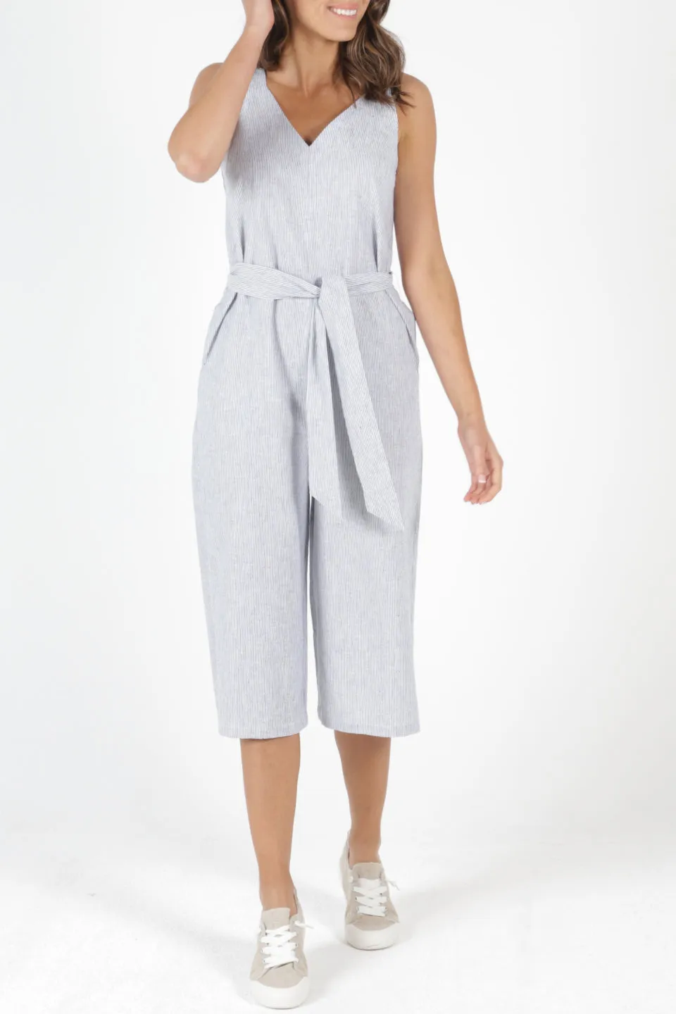 Joey Linen Blend Light Grey Pinstripe Strappy Jumpsuit