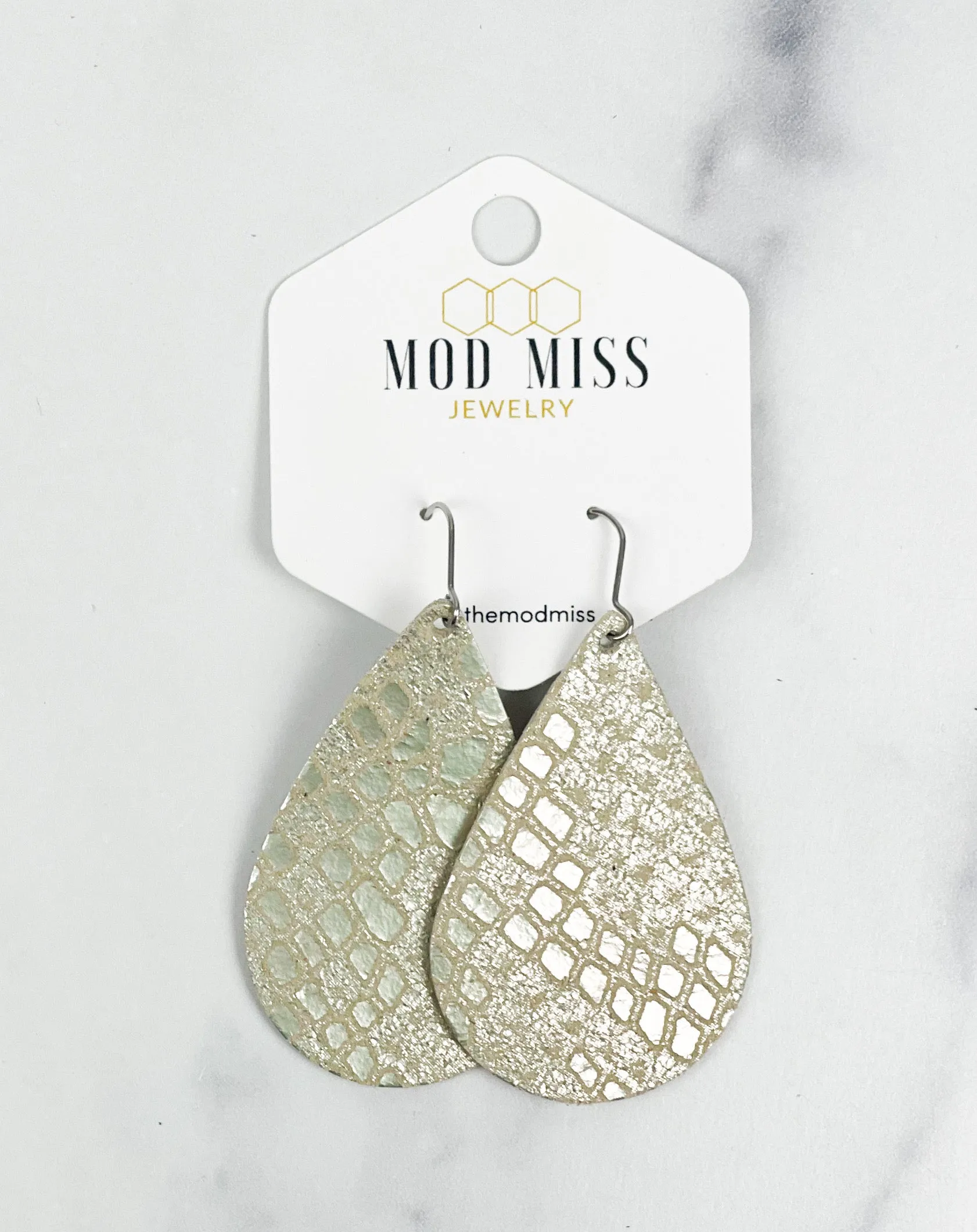 Leather Teardrop Earring Snakeskin Champagne