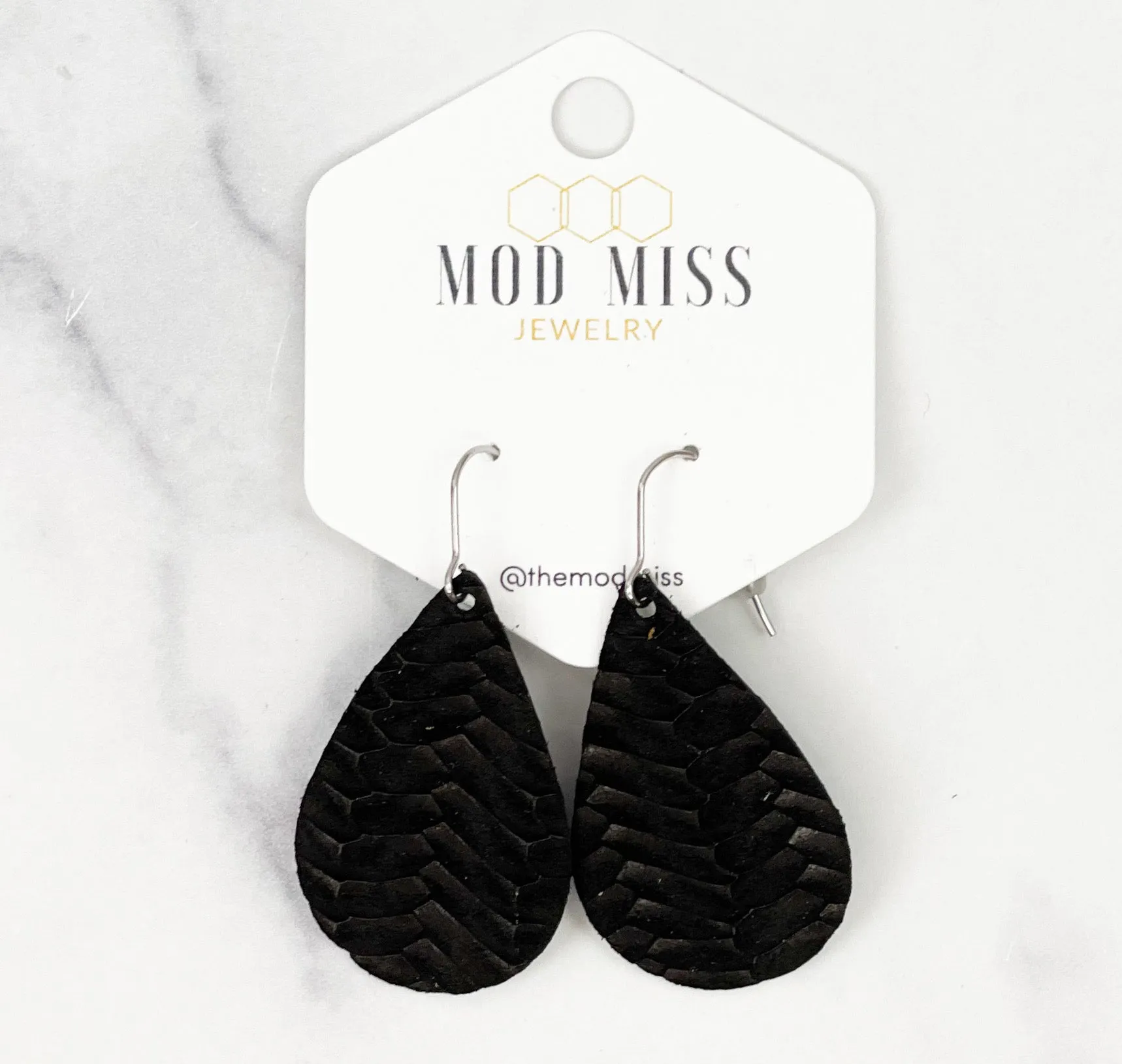 Leather Teardrop Earring Weaved Black