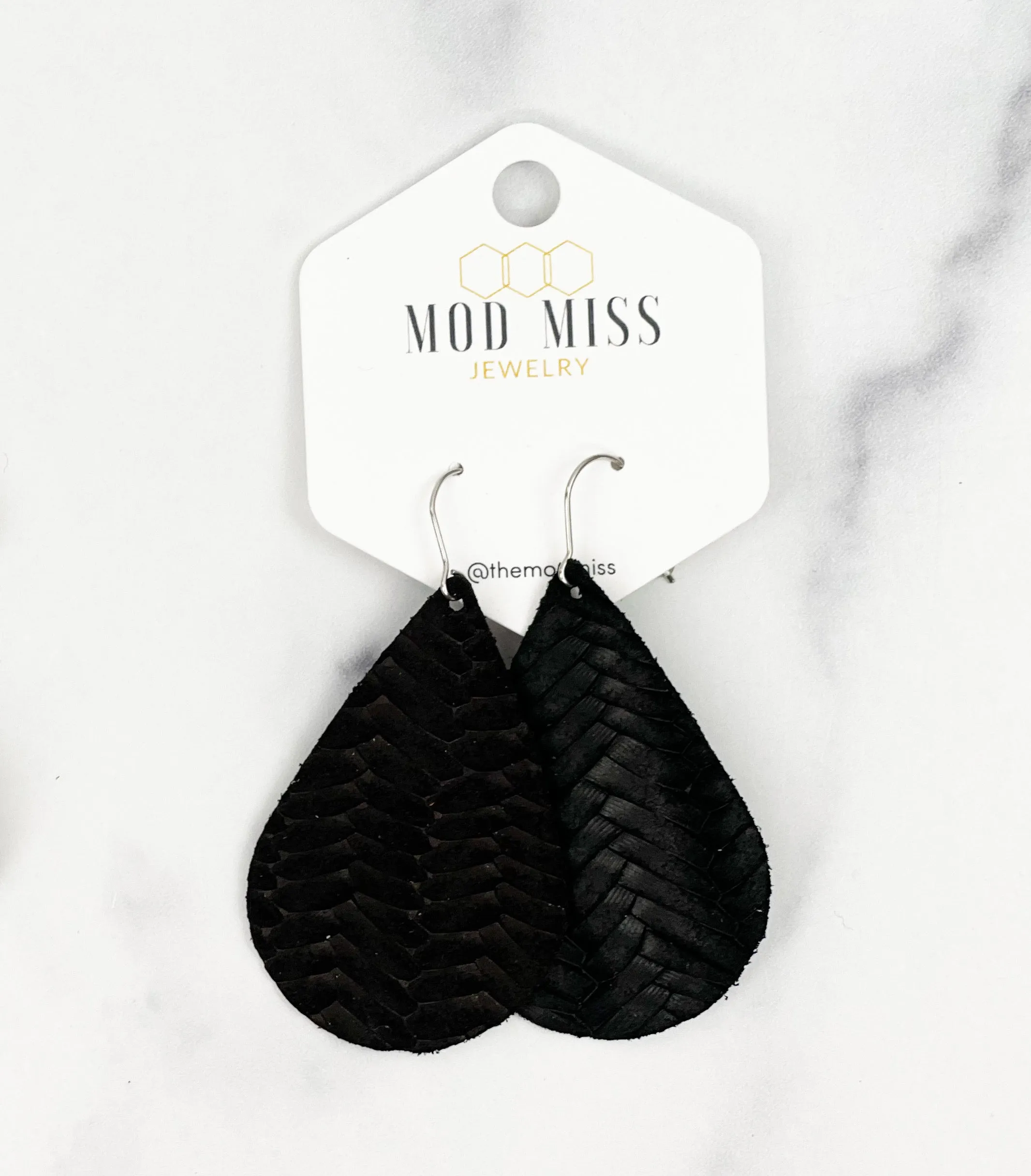 Leather Teardrop Earring Weaved Black