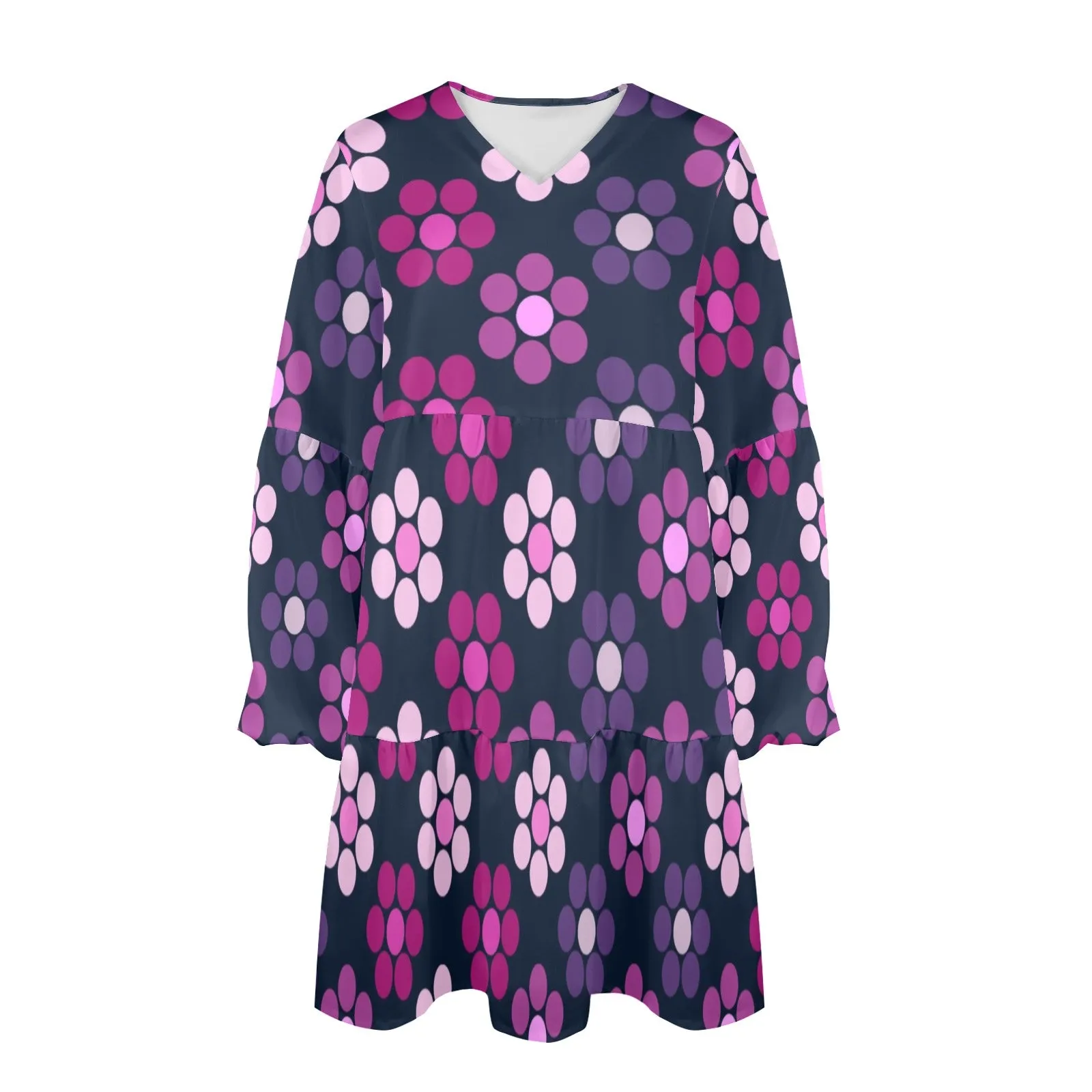 lg lav purple print V-Neck Loose Fit Dress (Model D66)