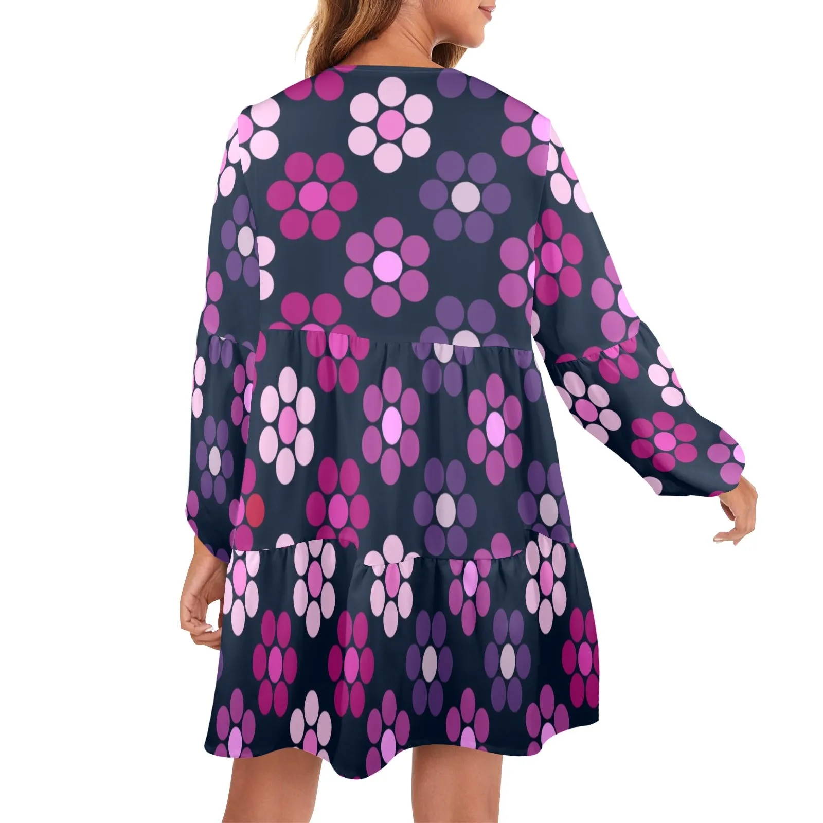 lg lav purple print V-Neck Loose Fit Dress (Model D66)