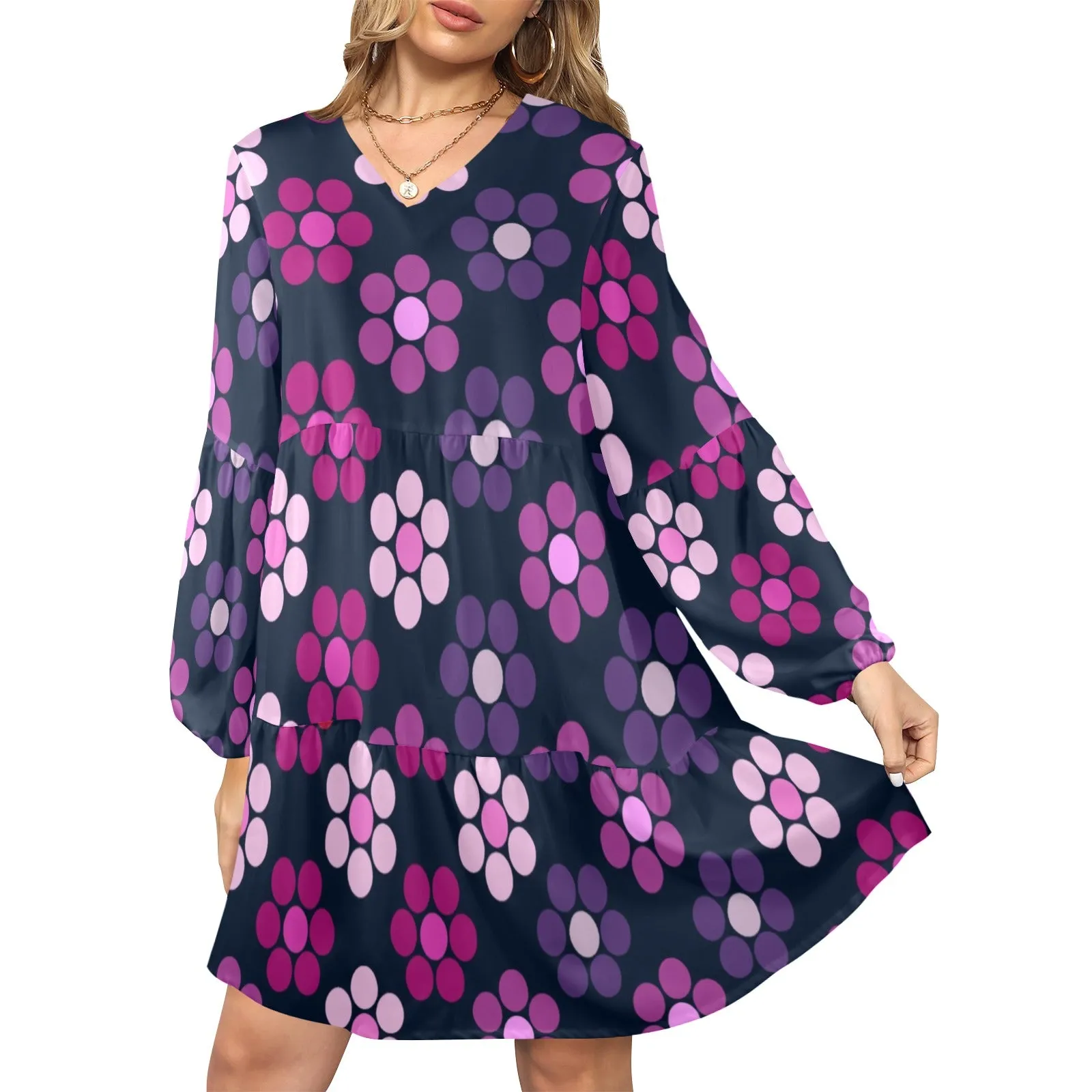 lg lav purple print V-Neck Loose Fit Dress (Model D66)