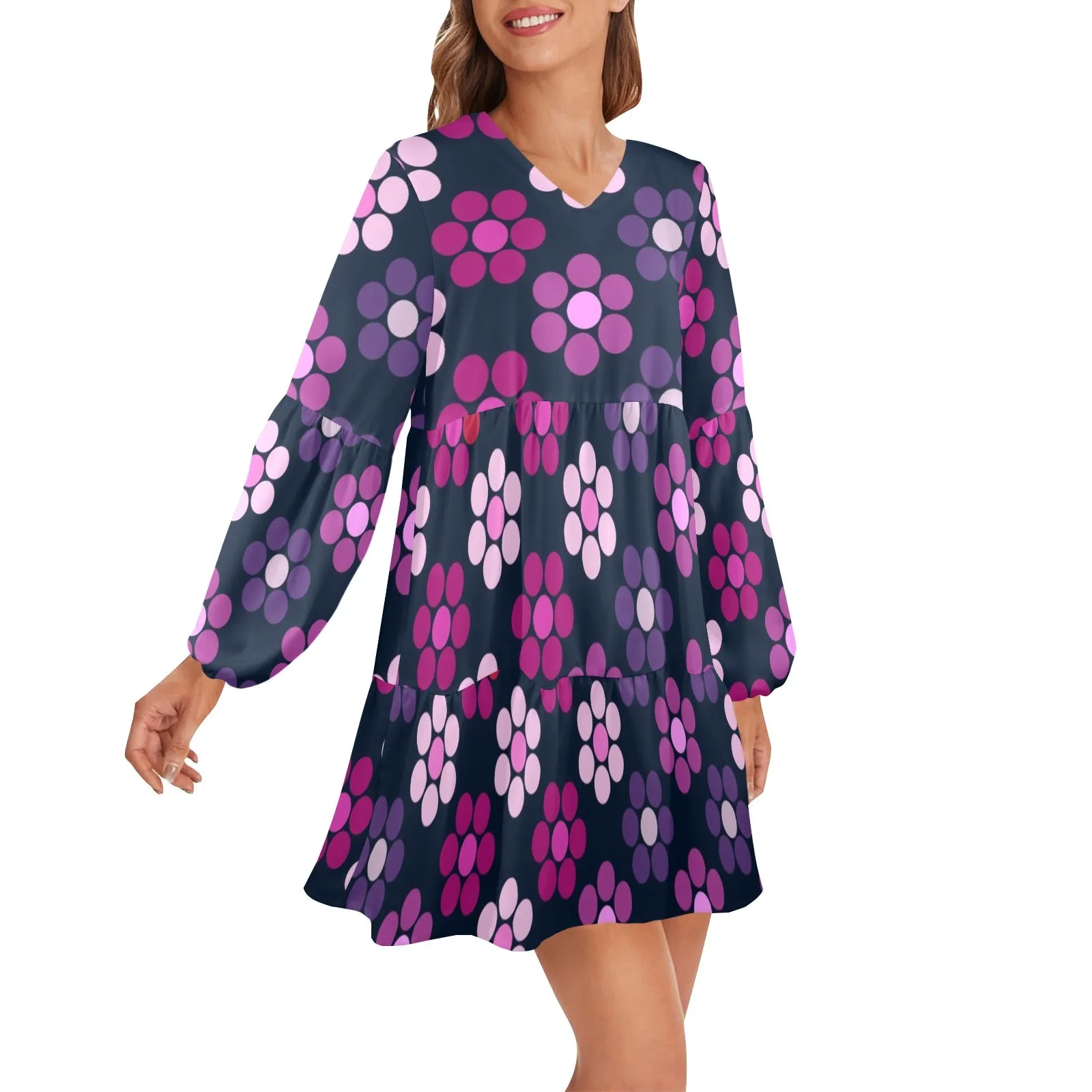 lg lav purple print V-Neck Loose Fit Dress (Model D66)