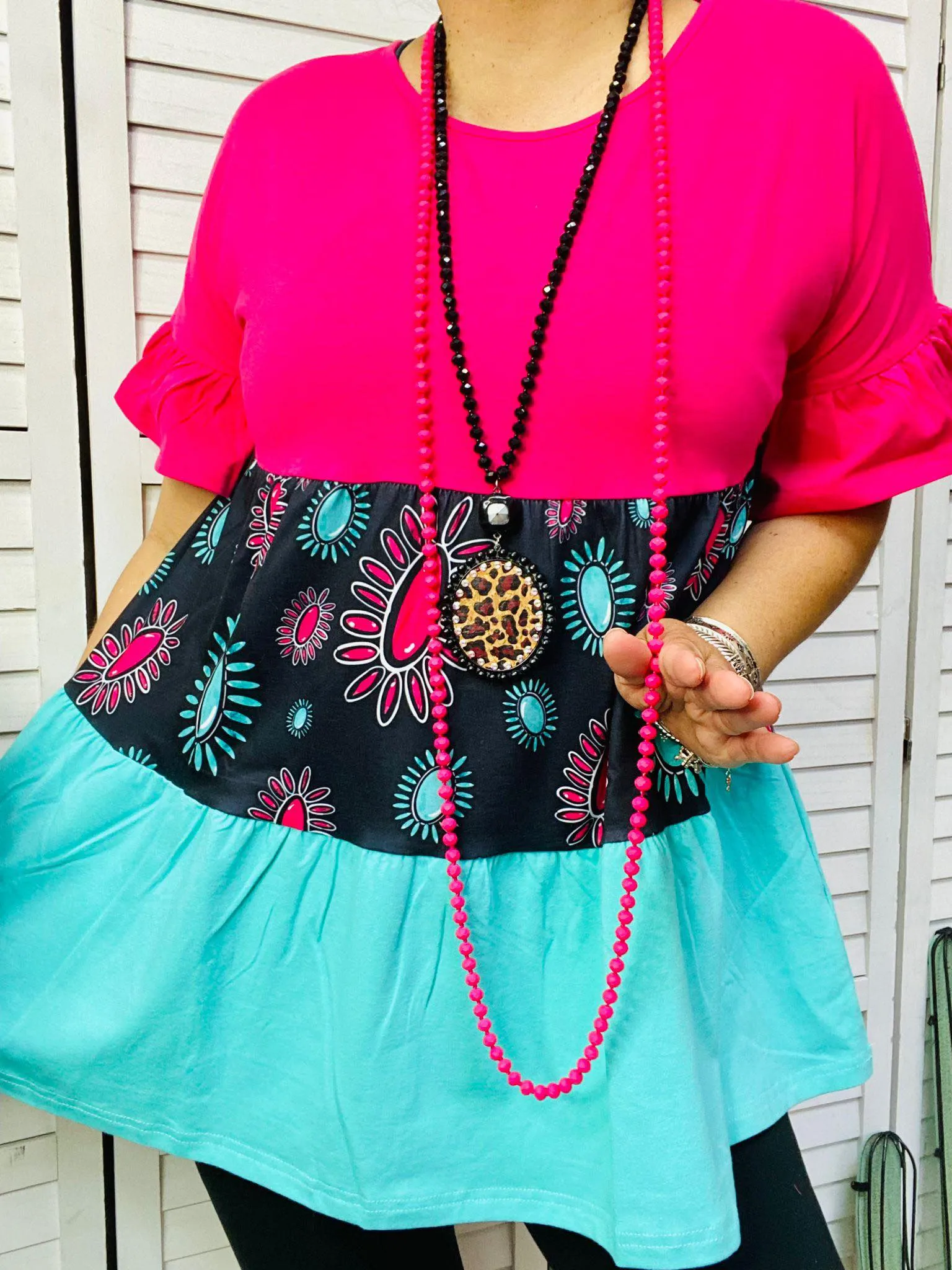 Pink, Concho print, Turquoise color block baby doll top - LOOSE FITTING