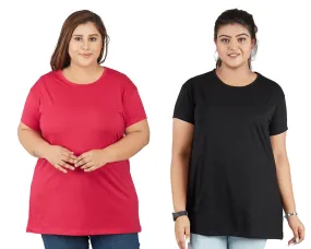 Plus Size Plain Cotton T-Shirts For Women Pack of 2 (Black & Pink)