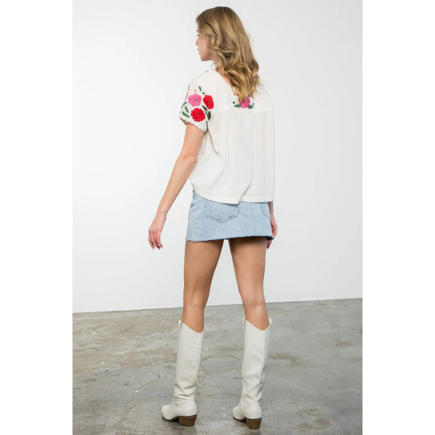 Tonya Flower Embroidered Short SleeveTHML Top -SALE