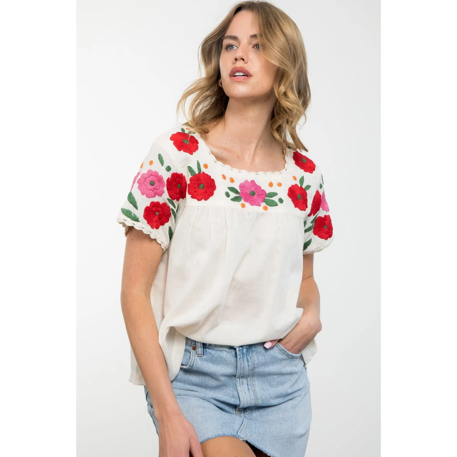 Tonya Flower Embroidered Short SleeveTHML Top -SALE