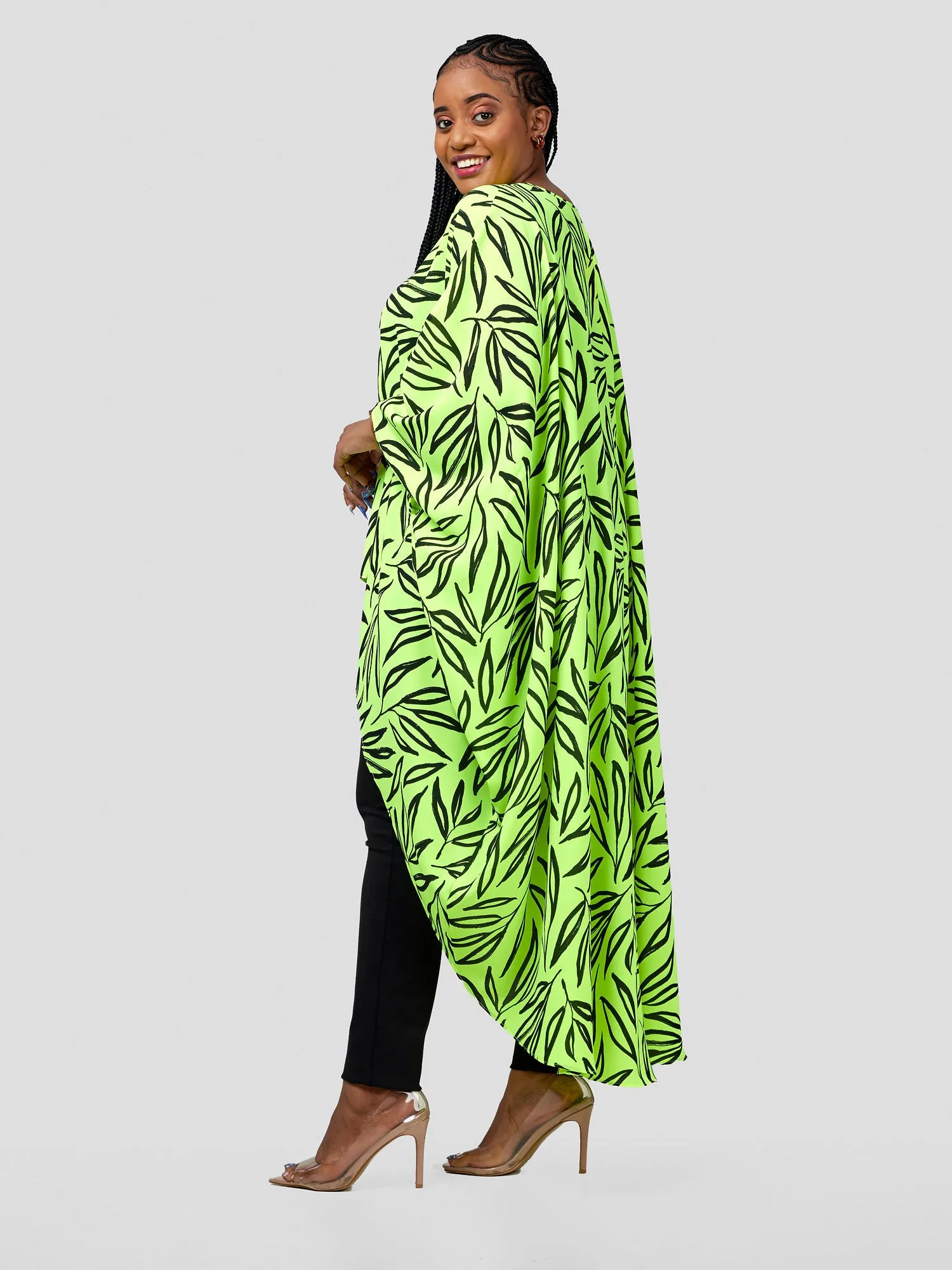 Vivo Malindi V-Neck High Low Kaftan Top - Lime / Black Ksai Print