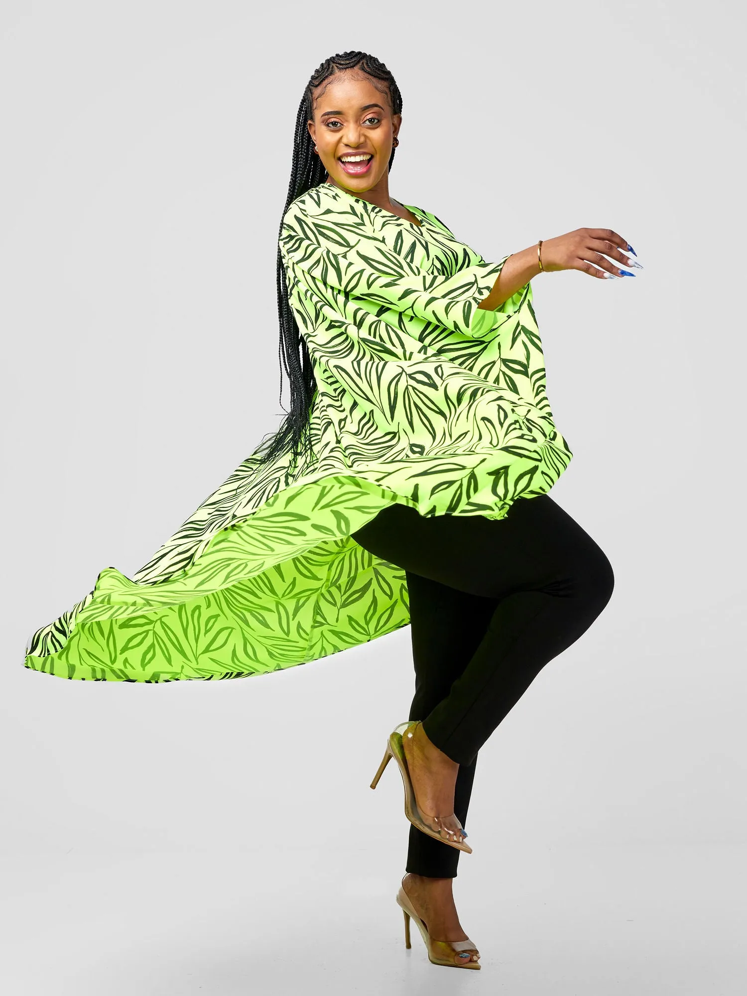 Vivo Malindi V-Neck High Low Kaftan Top - Lime / Black Ksai Print