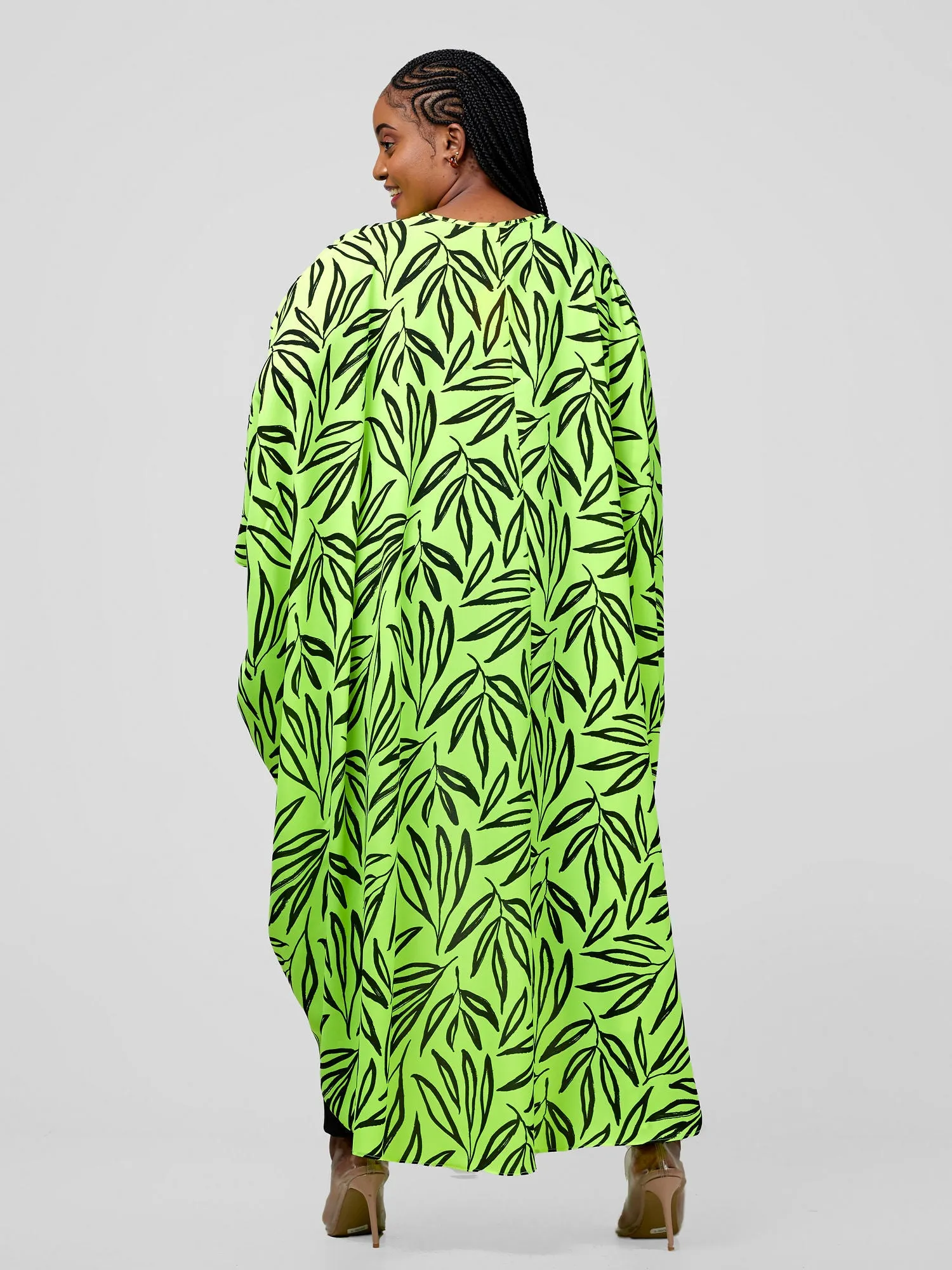 Vivo Malindi V-Neck High Low Kaftan Top - Lime / Black Ksai Print