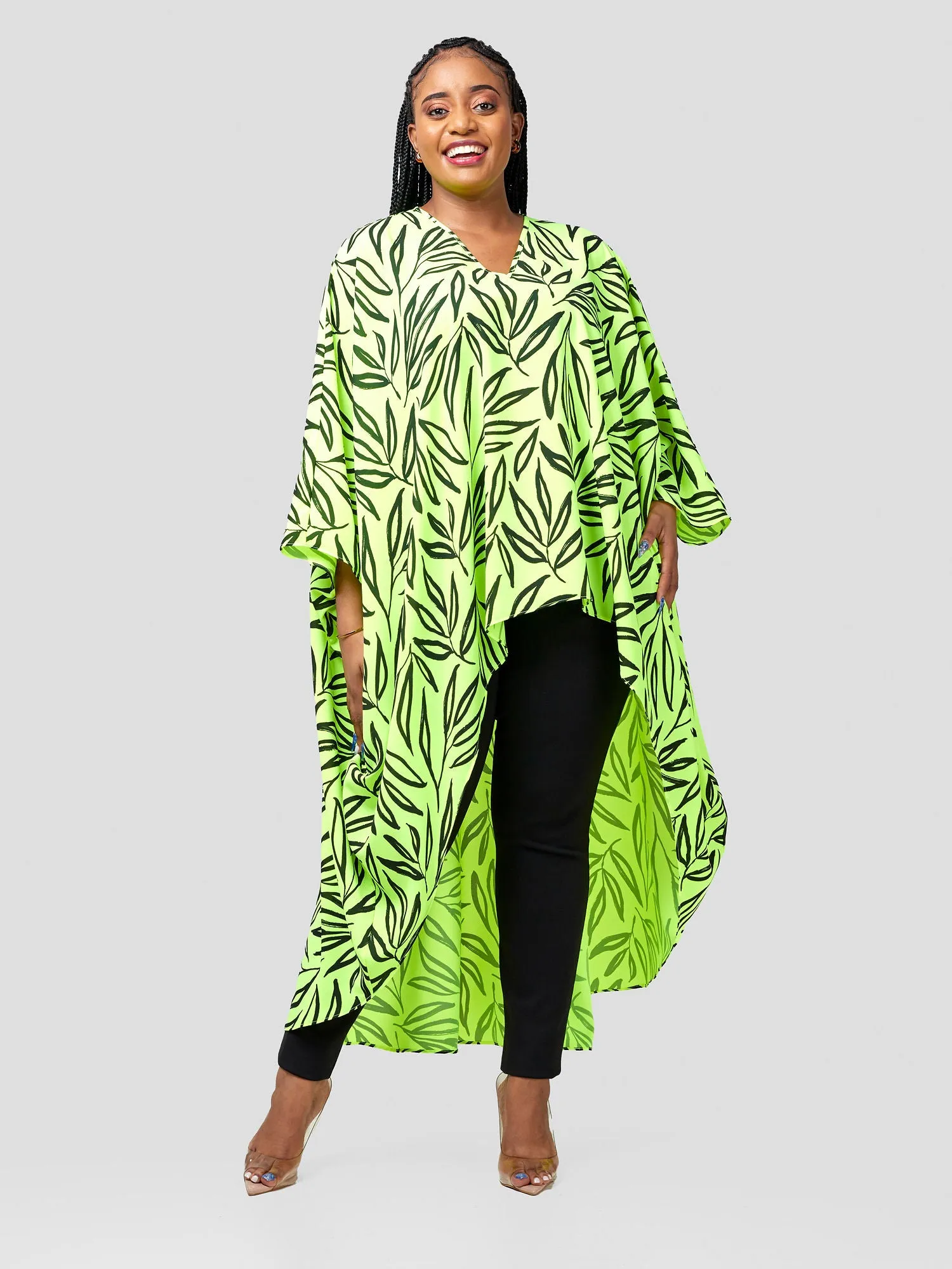 Vivo Malindi V-Neck High Low Kaftan Top - Lime / Black Ksai Print