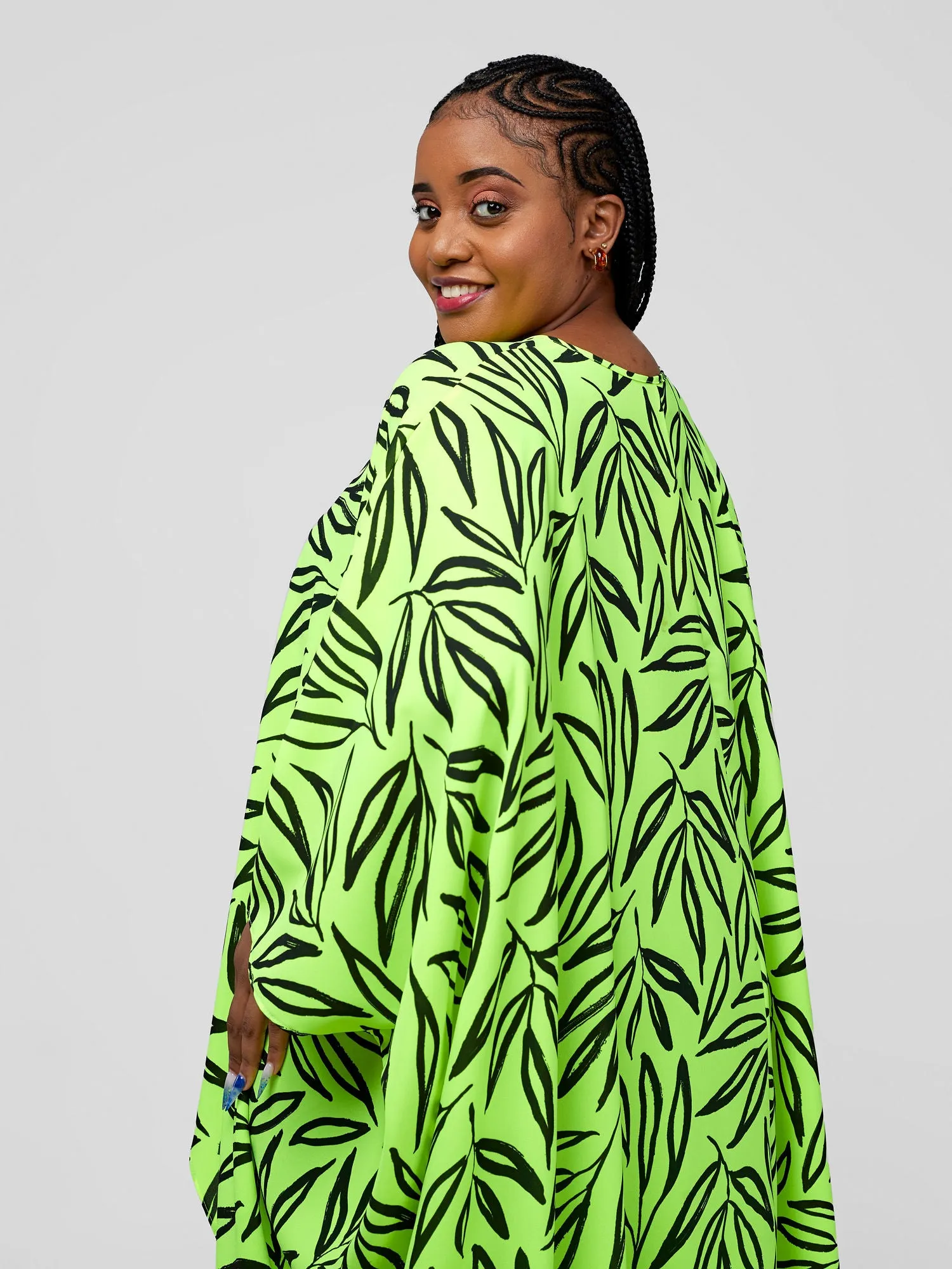 Vivo Malindi V-Neck High Low Kaftan Top - Lime / Black Ksai Print